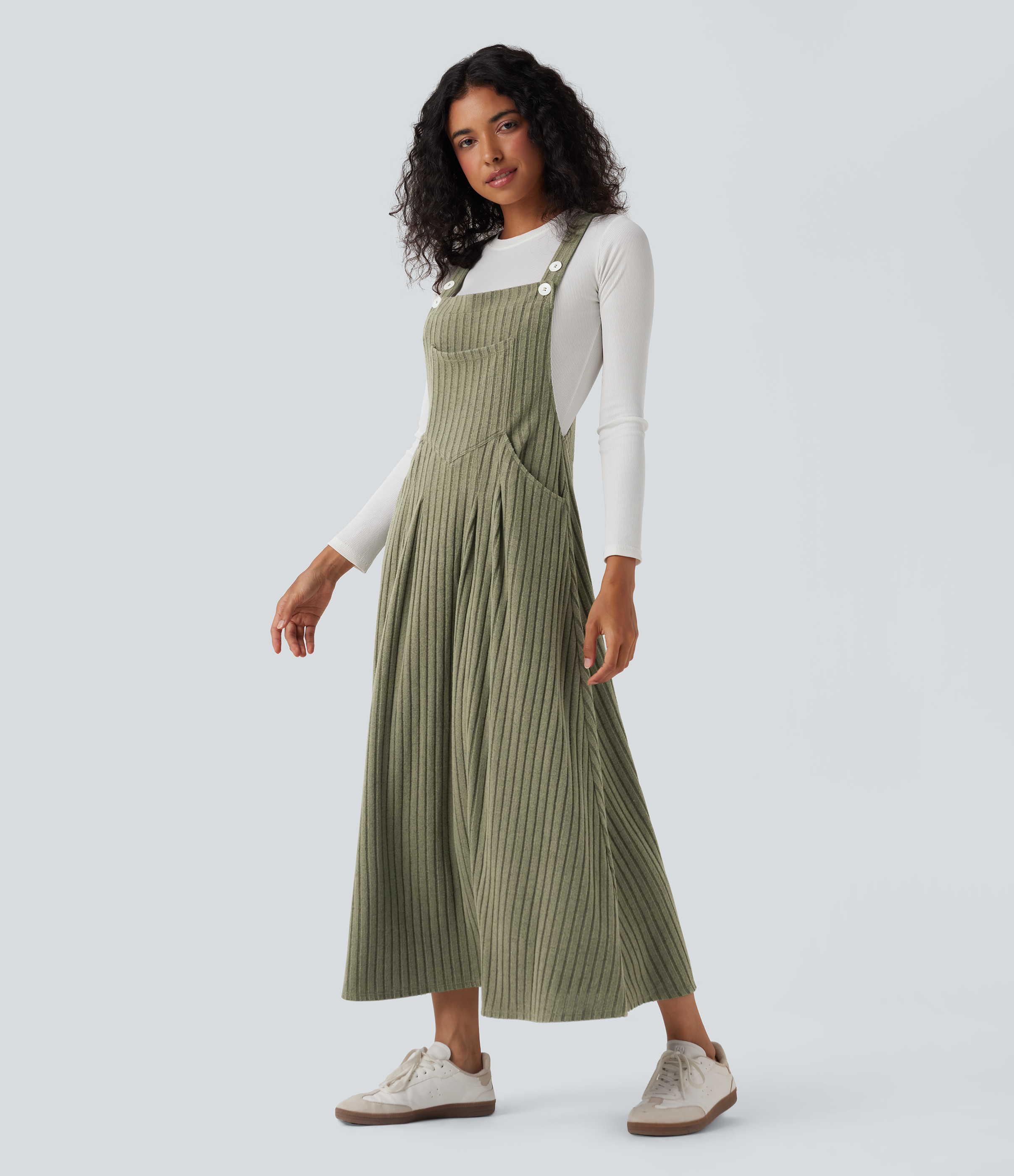 Ribbed Knit Casual Pinafore Dress with Pockets