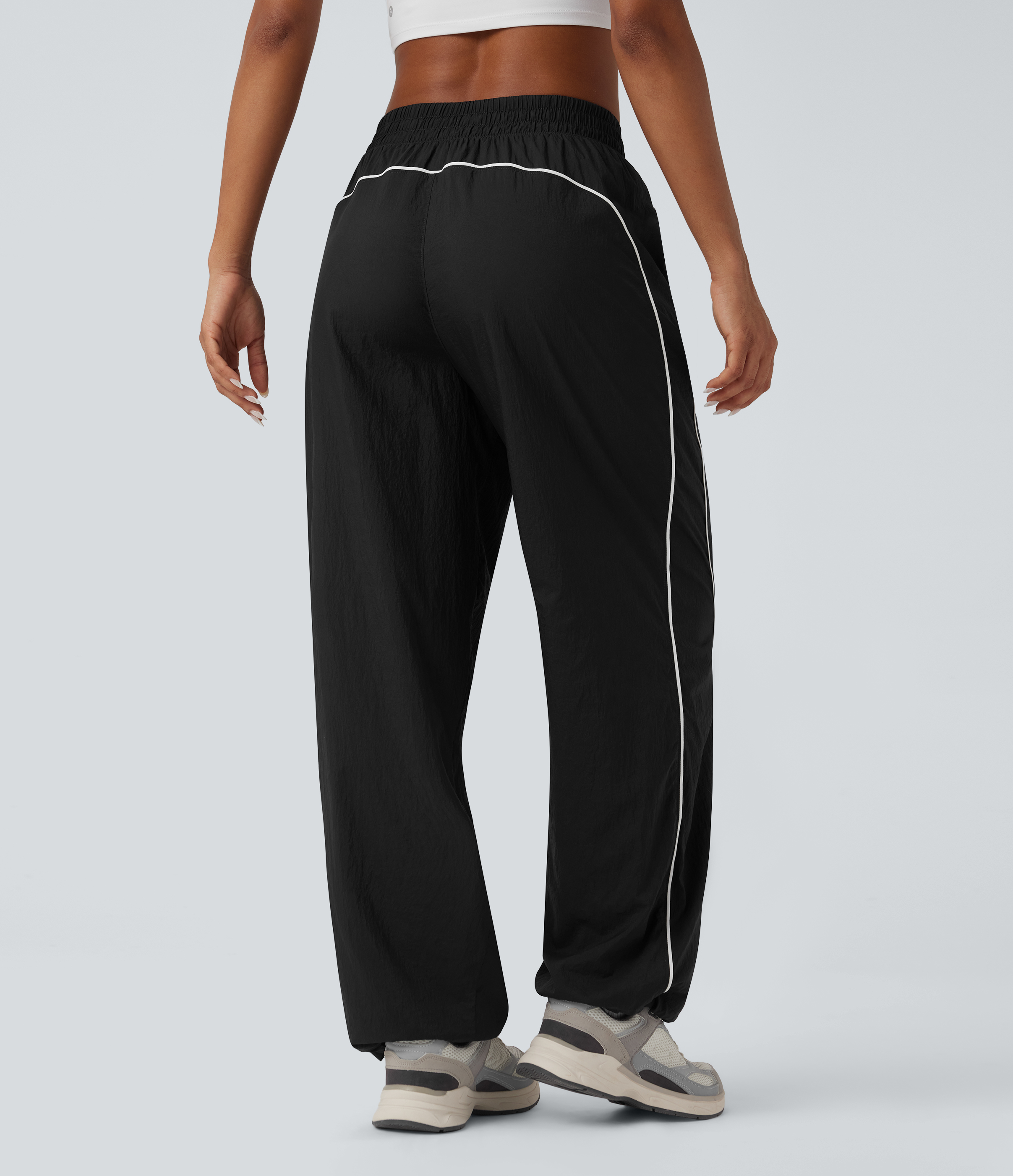 Black Lightweight Durable Water Repellent Low Rise Drawstring Color Block Cinchable Hem Running Joggers with Pockets / 2