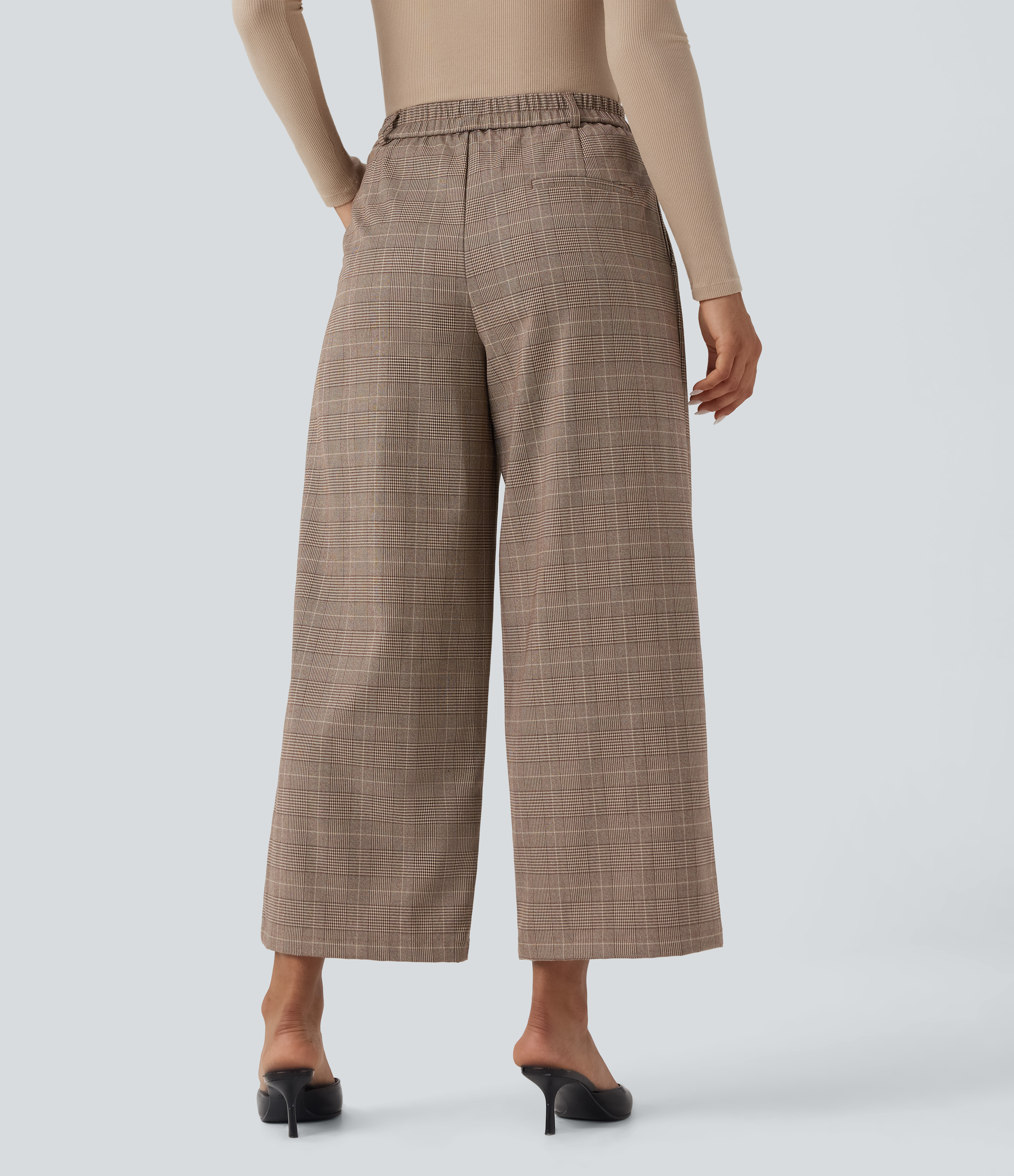 Khaki Houndstooth Halara Flex™ medelhög midja, raka 7/8-arbetsbyxor i hundtandsmönster med fickor / 2