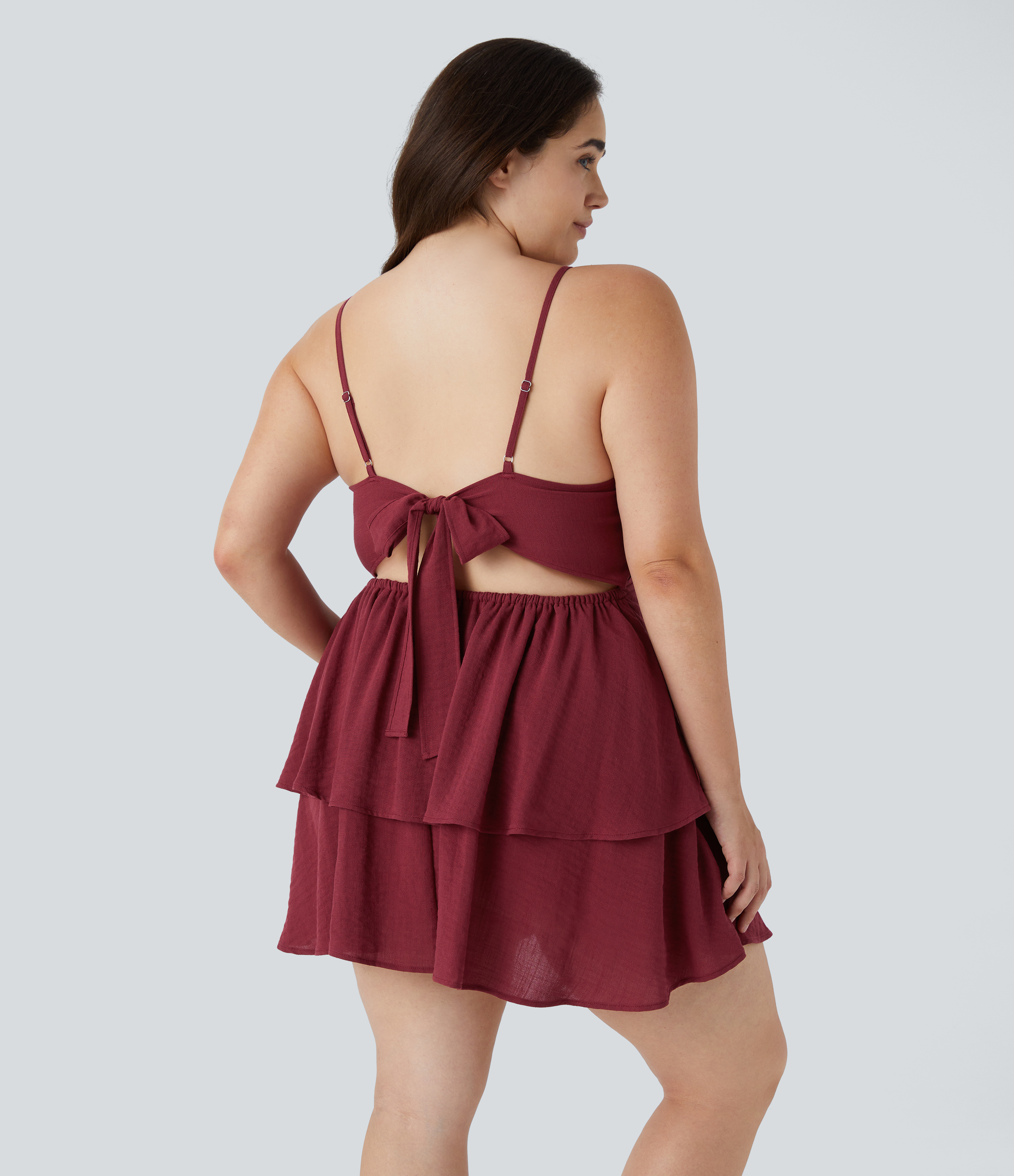 Minikleid mit Stufenrüschen, fließendem Schnitt, Leinenoptik und Bindebändern am Rücken, in großen Größen