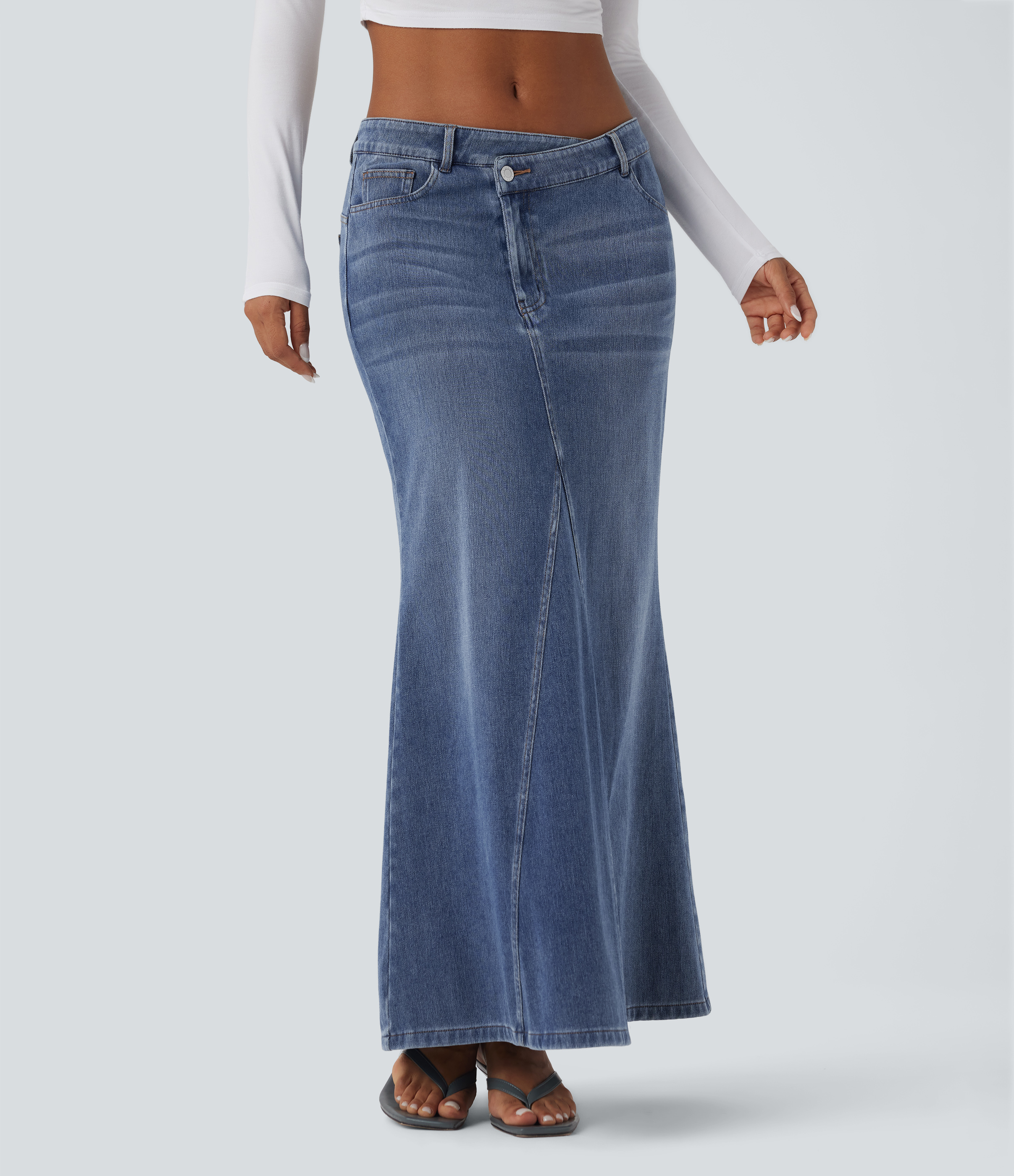 Halara Flex™ Asymmetric Low Rise Split Maxi Denim Casual Mermaid Skirt with Pockets