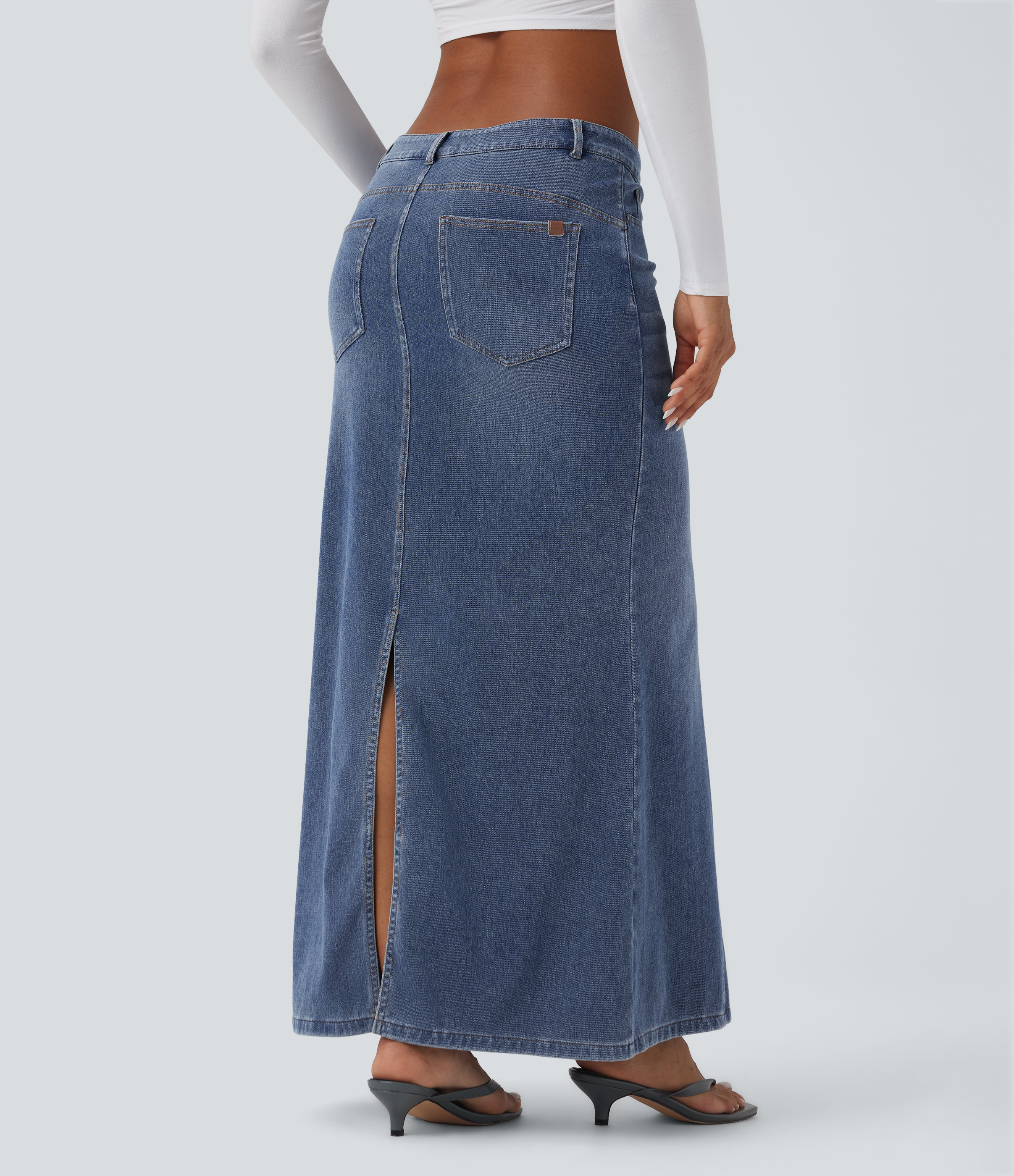 Tide Blue Denim Jupe maxi denim sirène asymétrique fendue Halara Flex™ taille basse avec poches / 2