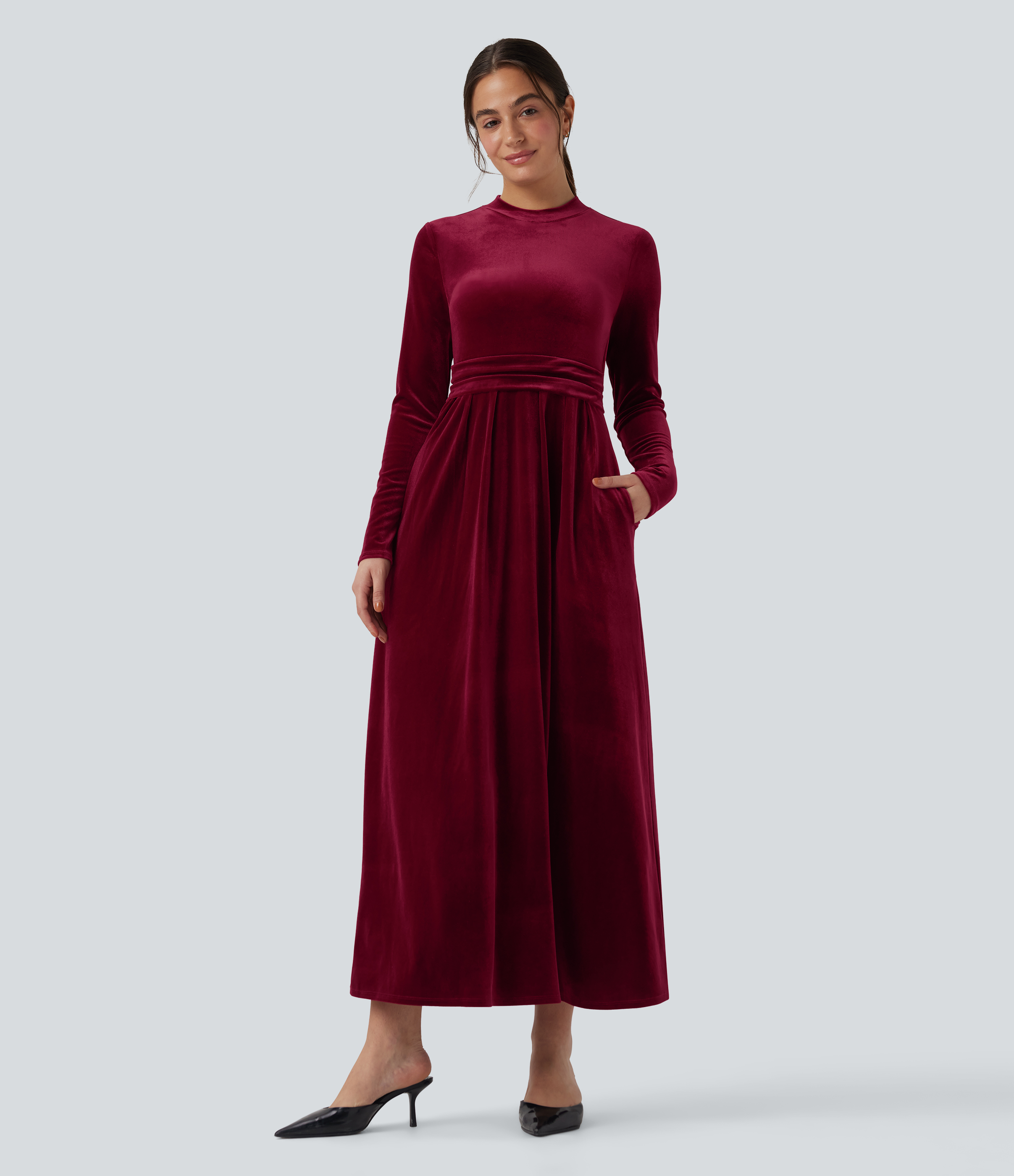 Mock-neck Long Sleeve Maxi Casual Velvet Dress with Pockets