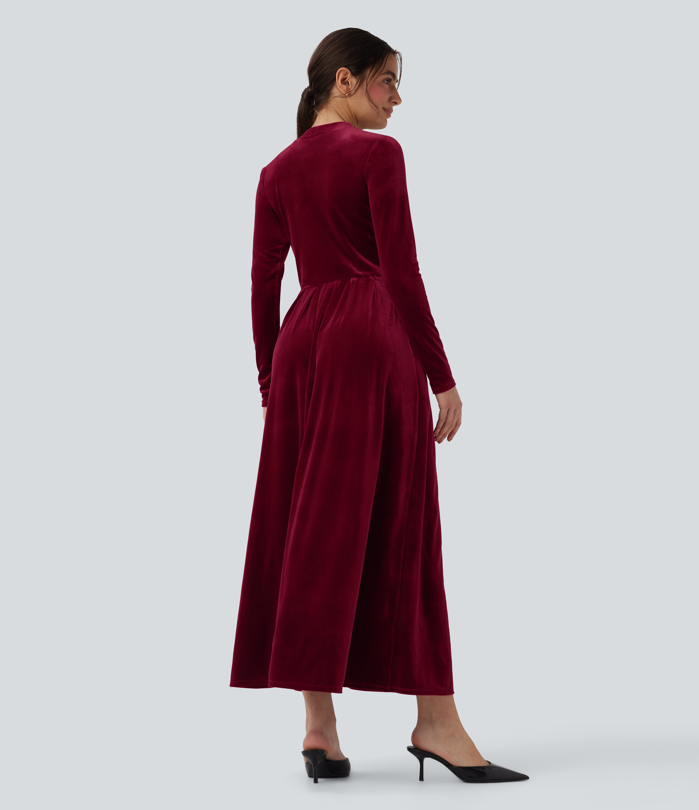 Sangria Mock-neck Long Sleeve Maxi Casual Velvet Dress with Pockets / 2