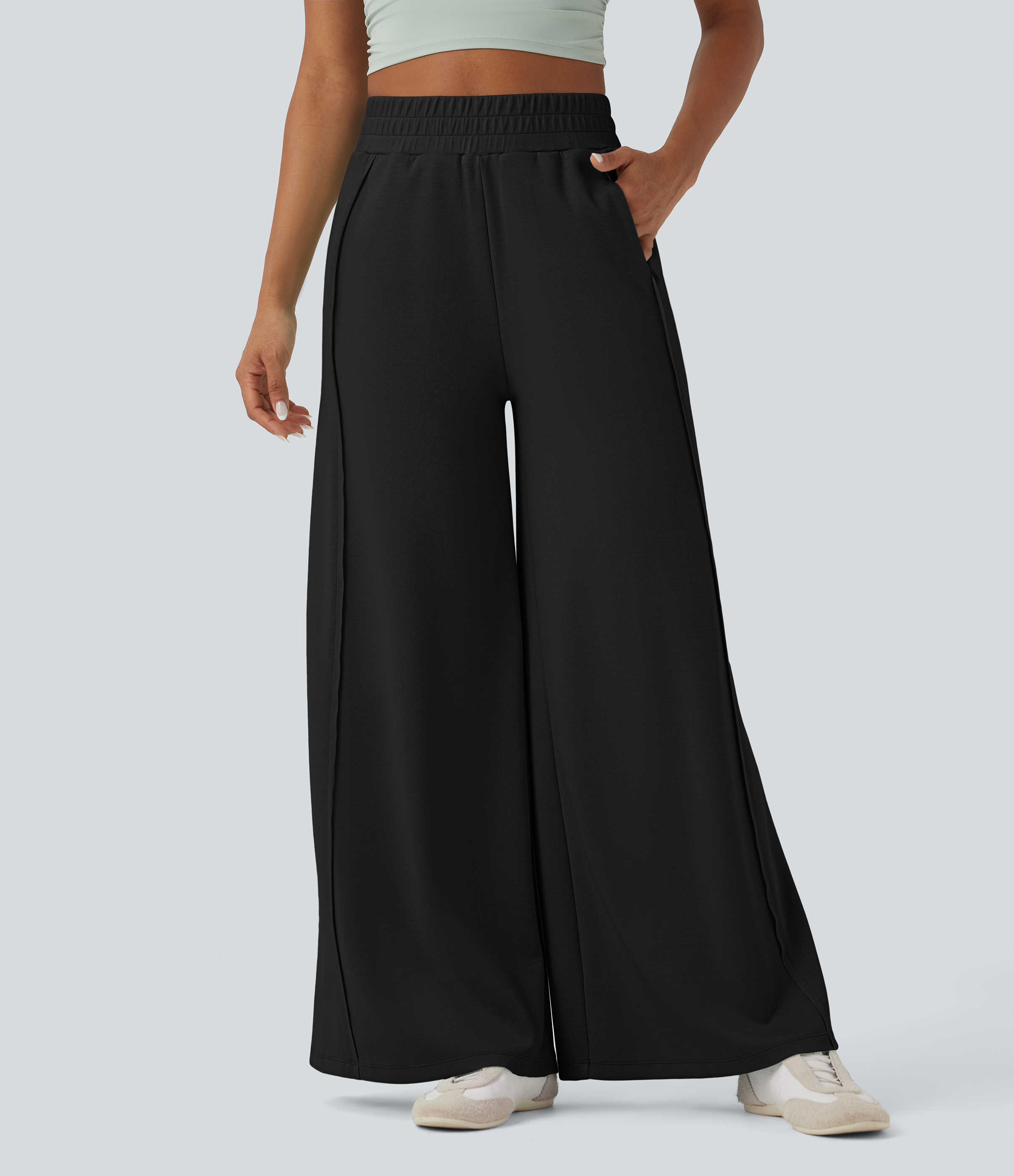 Noir Pantalon taille haute à jambe large en micro-tissu gaufré, décontracté, avec poches. / 1