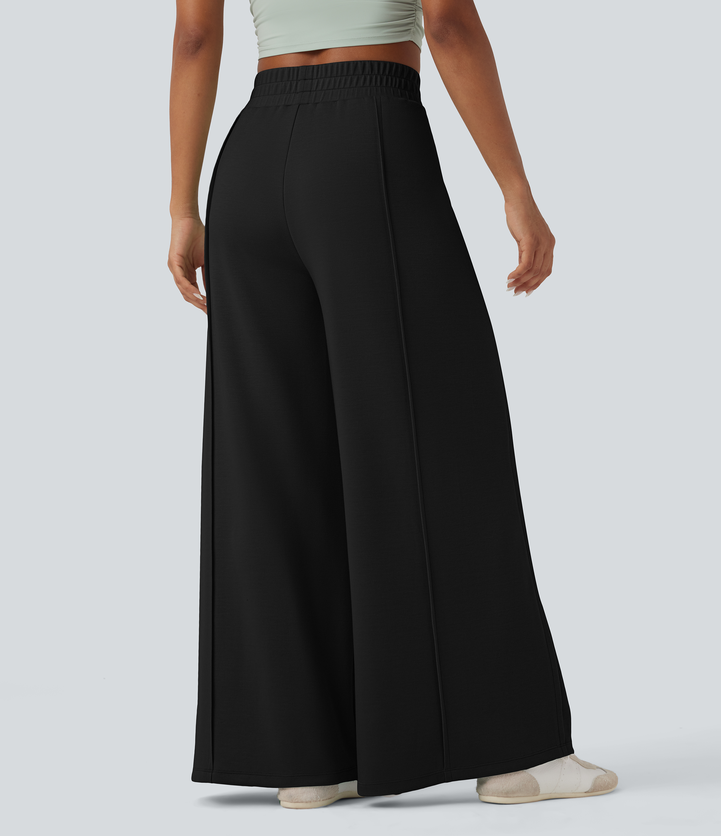 Noir Pantalon taille haute à jambe large en micro-tissu gaufré, décontracté, avec poches. / 2