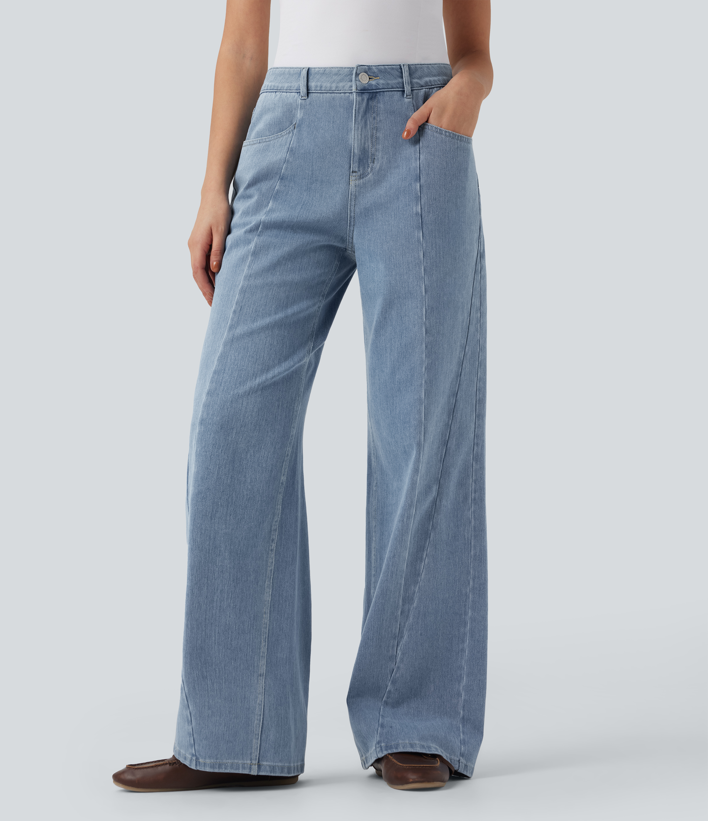 Malibu Blue Denim Vaqueros casuales anchos Halara Flex™ de tiro medio con bolsillos  / 1