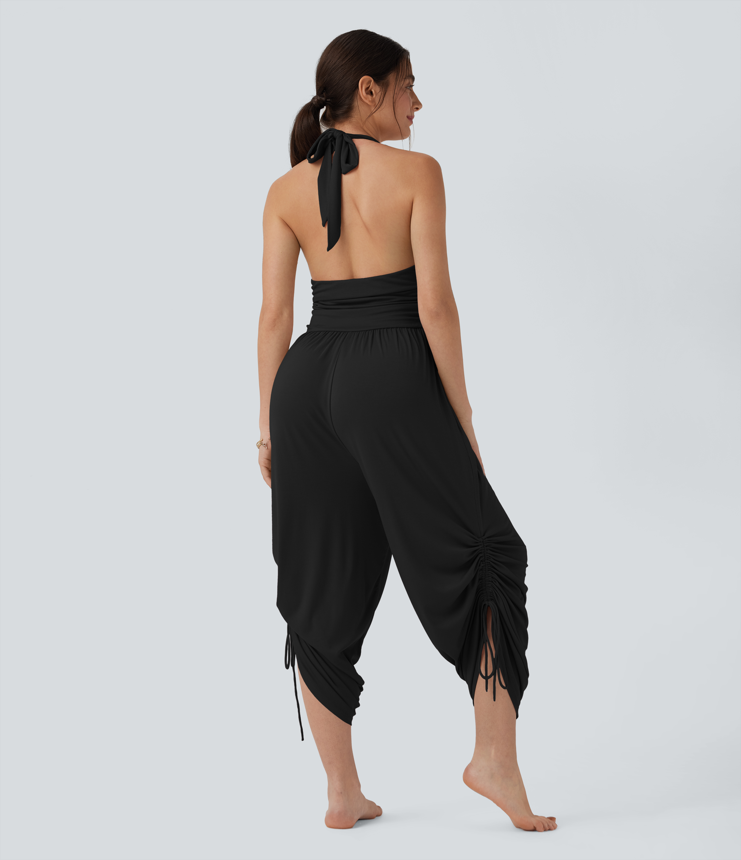 Negro Mono acanalado de estilo resort con tirantes, atadura en la espalda, cinta y bolsillos / 2