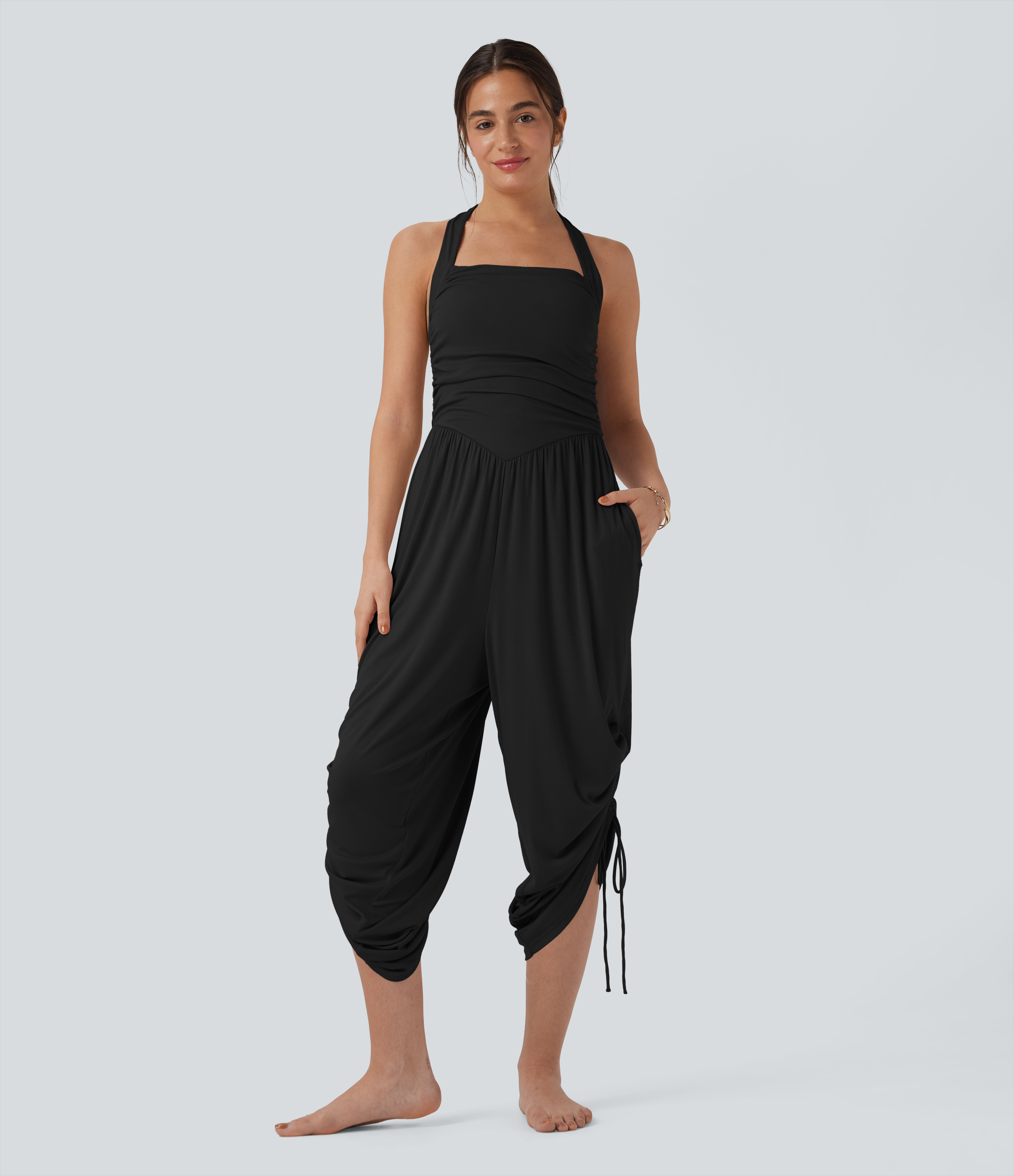 Negro Mono acanalado de estilo resort con tirantes, atadura en la espalda, cinta y bolsillos / 1