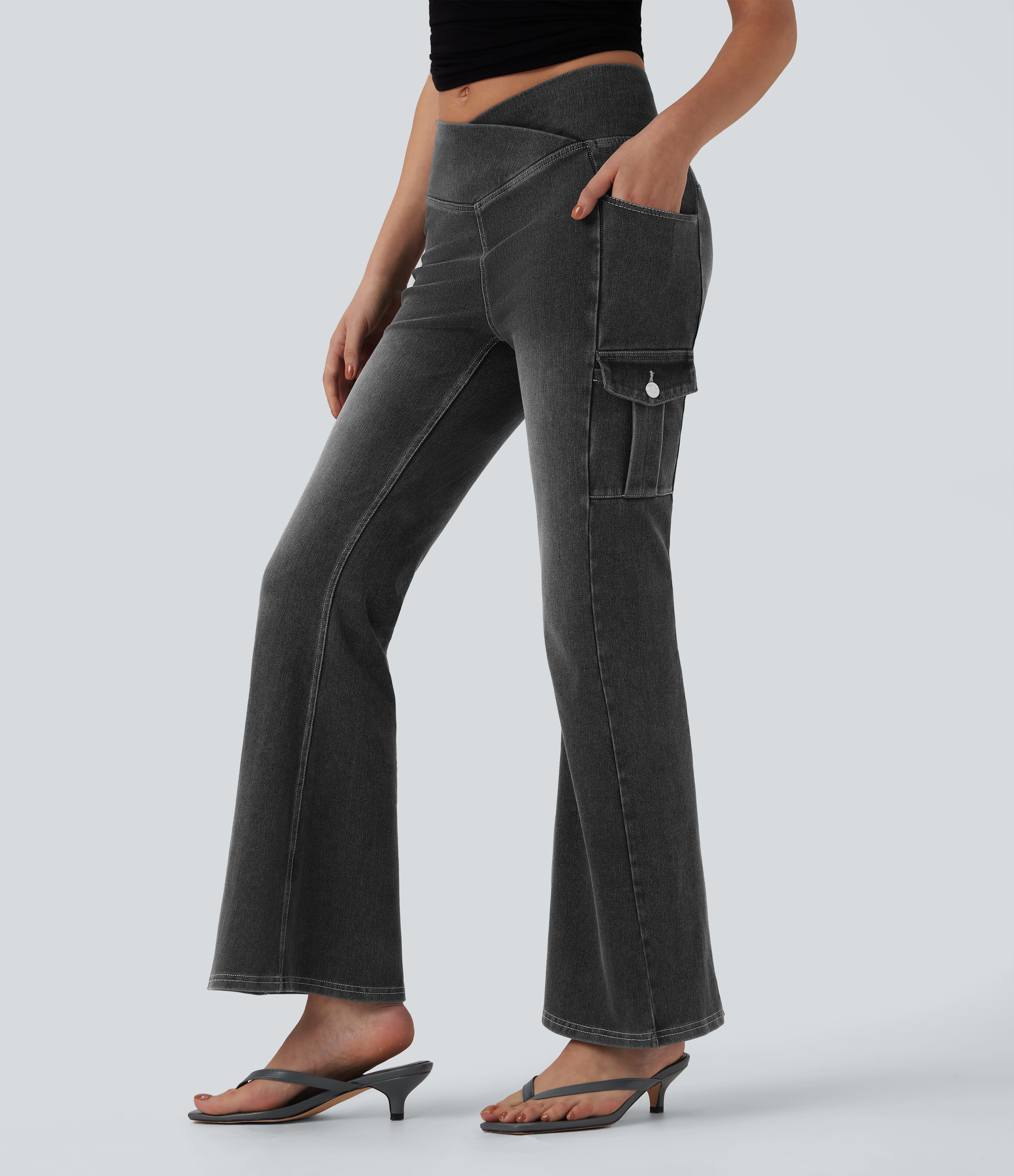 Poppy Seed Denim Halara Flex™ Mid Rise Crossover Denim Bootcut Casual Leggings with Pockets / 2
