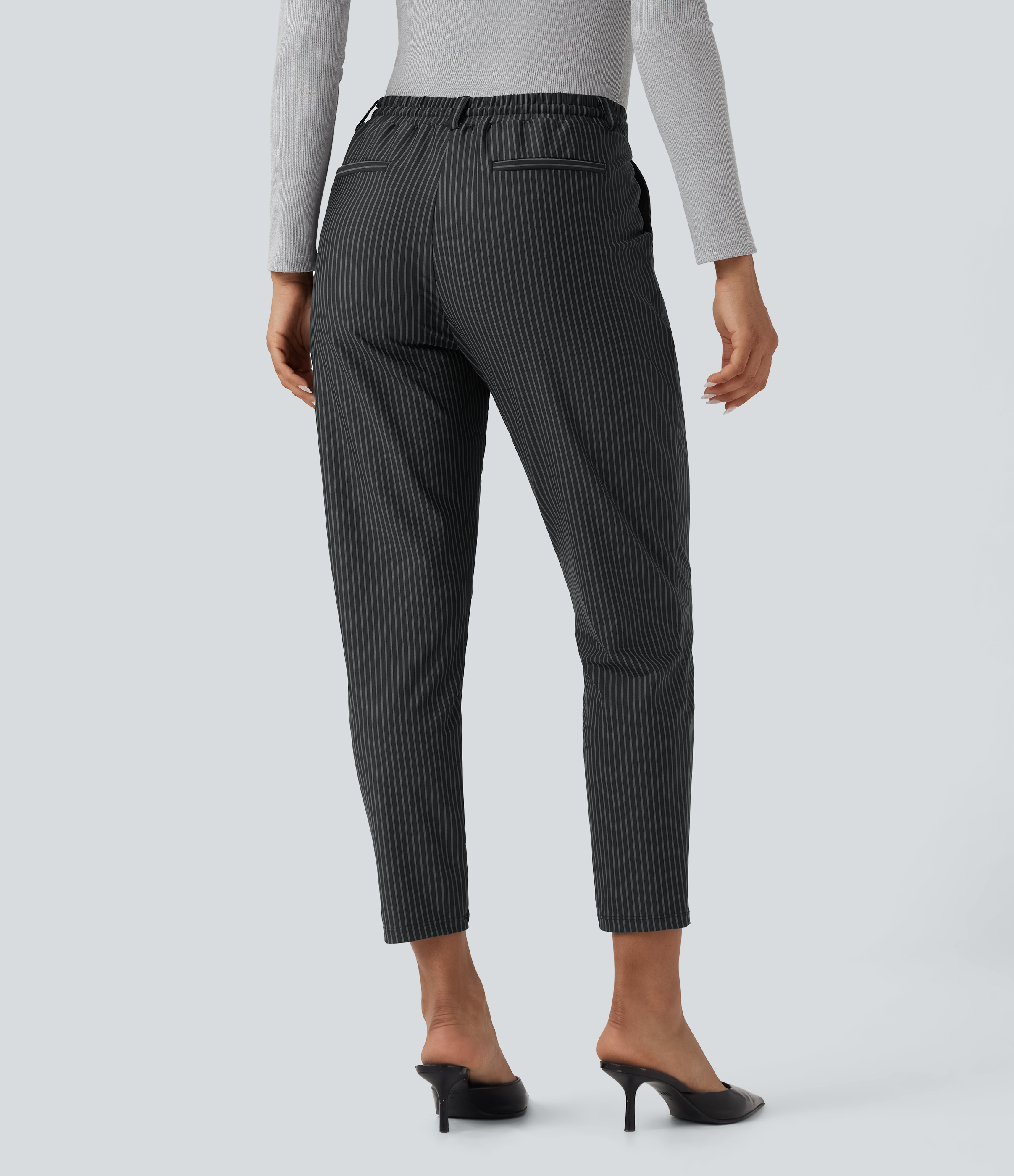 Steel Stripe Pantalones de oficina de tiro medio con rayas cónicas, cordón y bolsillos / 2