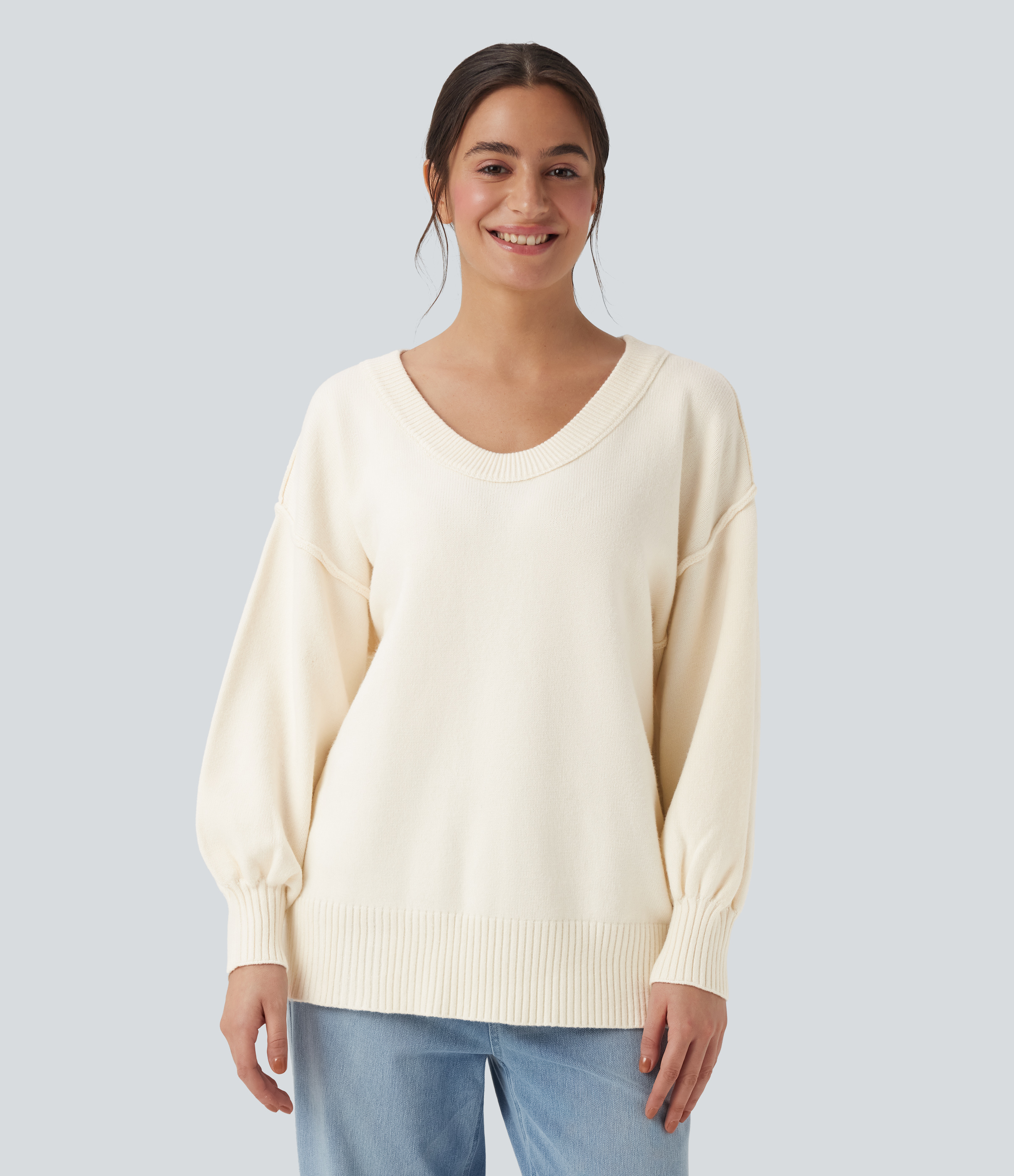 Gardenia V Neck Dropped Shoulder Long Sleeve Split Casual Sweater / 2