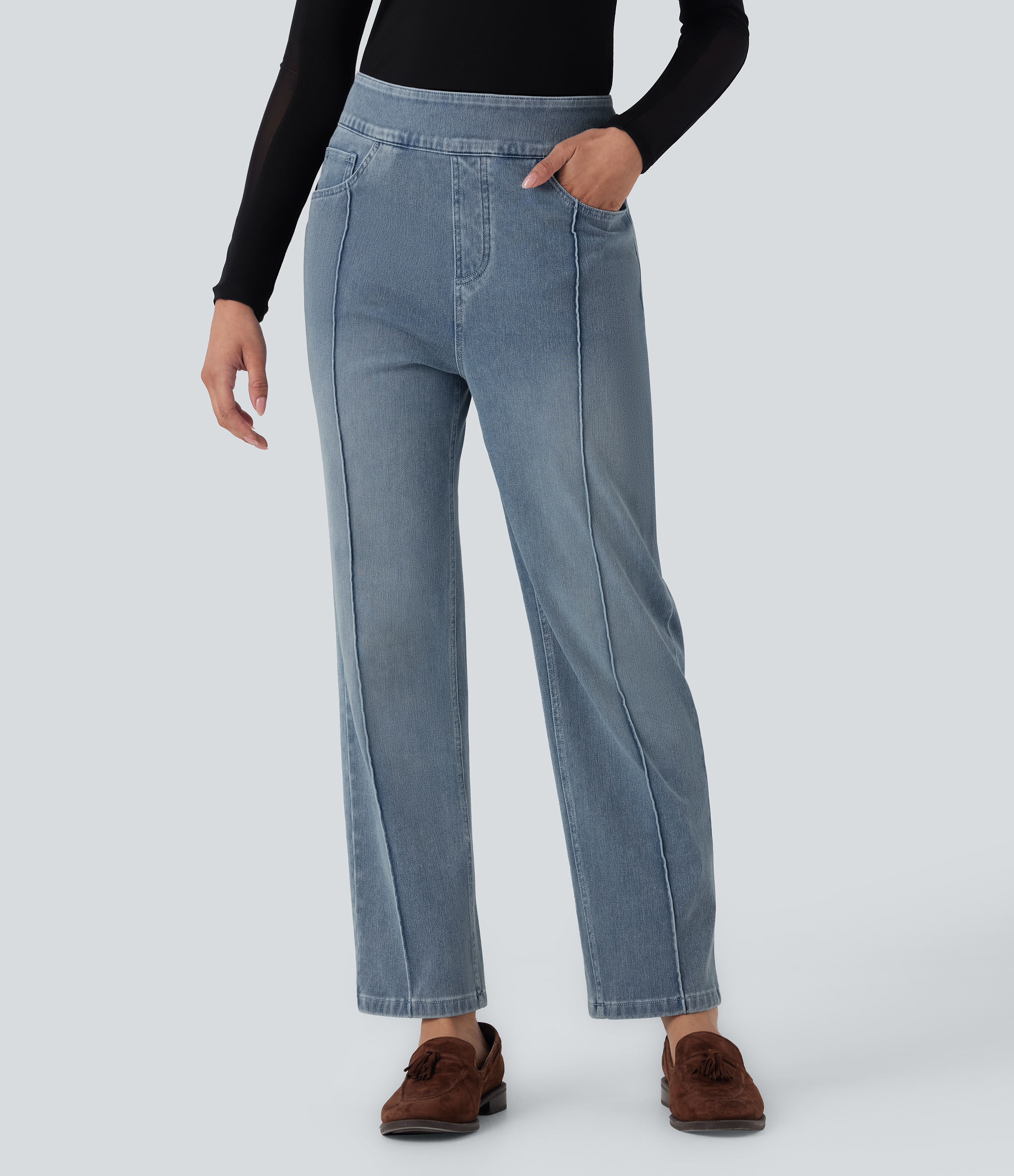 Powder Blue Denim Halara Flex™ High Waist Gerade Bein Lässige Jeans mit Taschen / 1