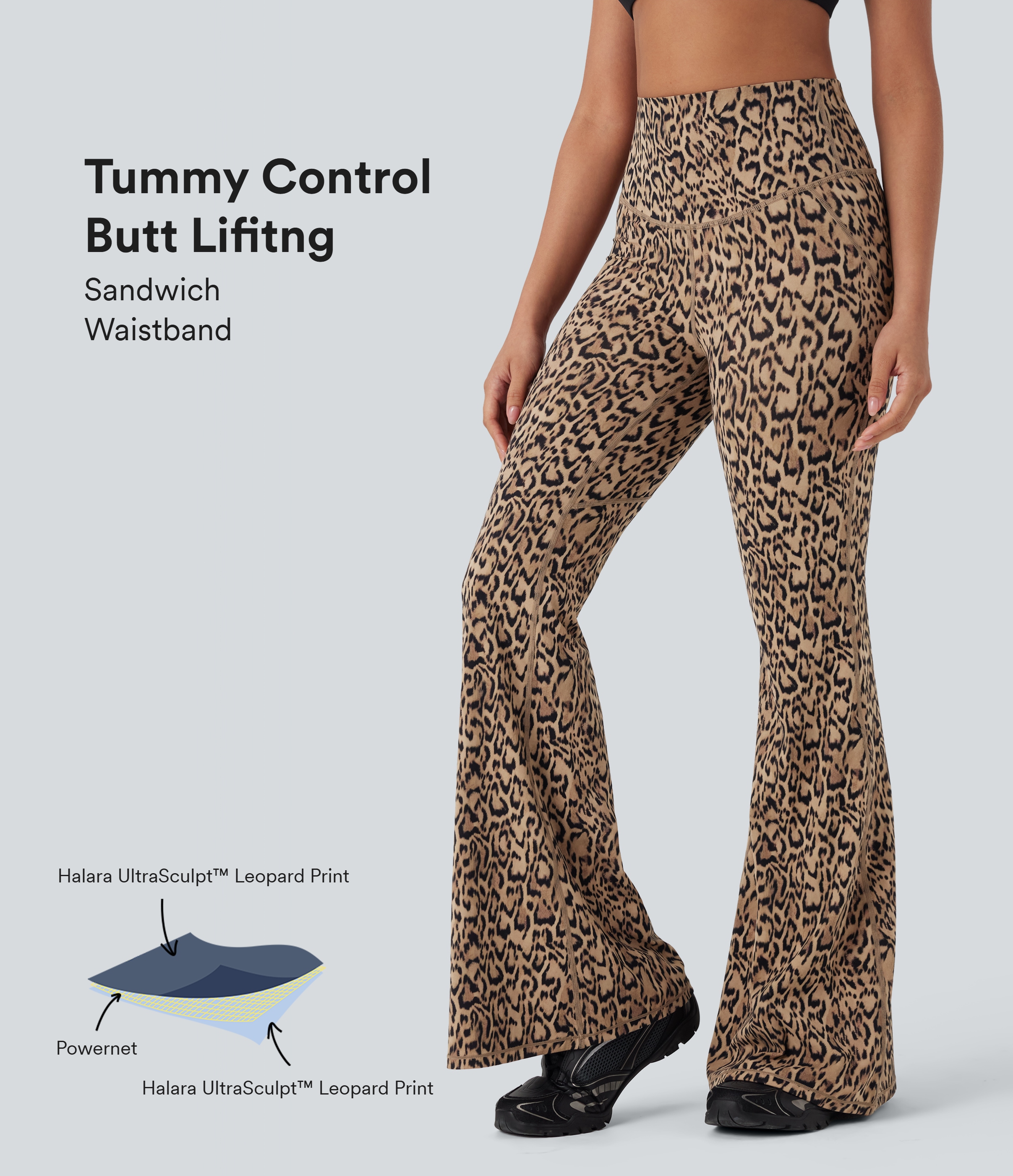 Tan Leopard Leggings de yoga Halara UltraSculpt™ ajustados con estampado de leopardo y tiro alto con control de abdomen y realce de glúteos push-up / 1