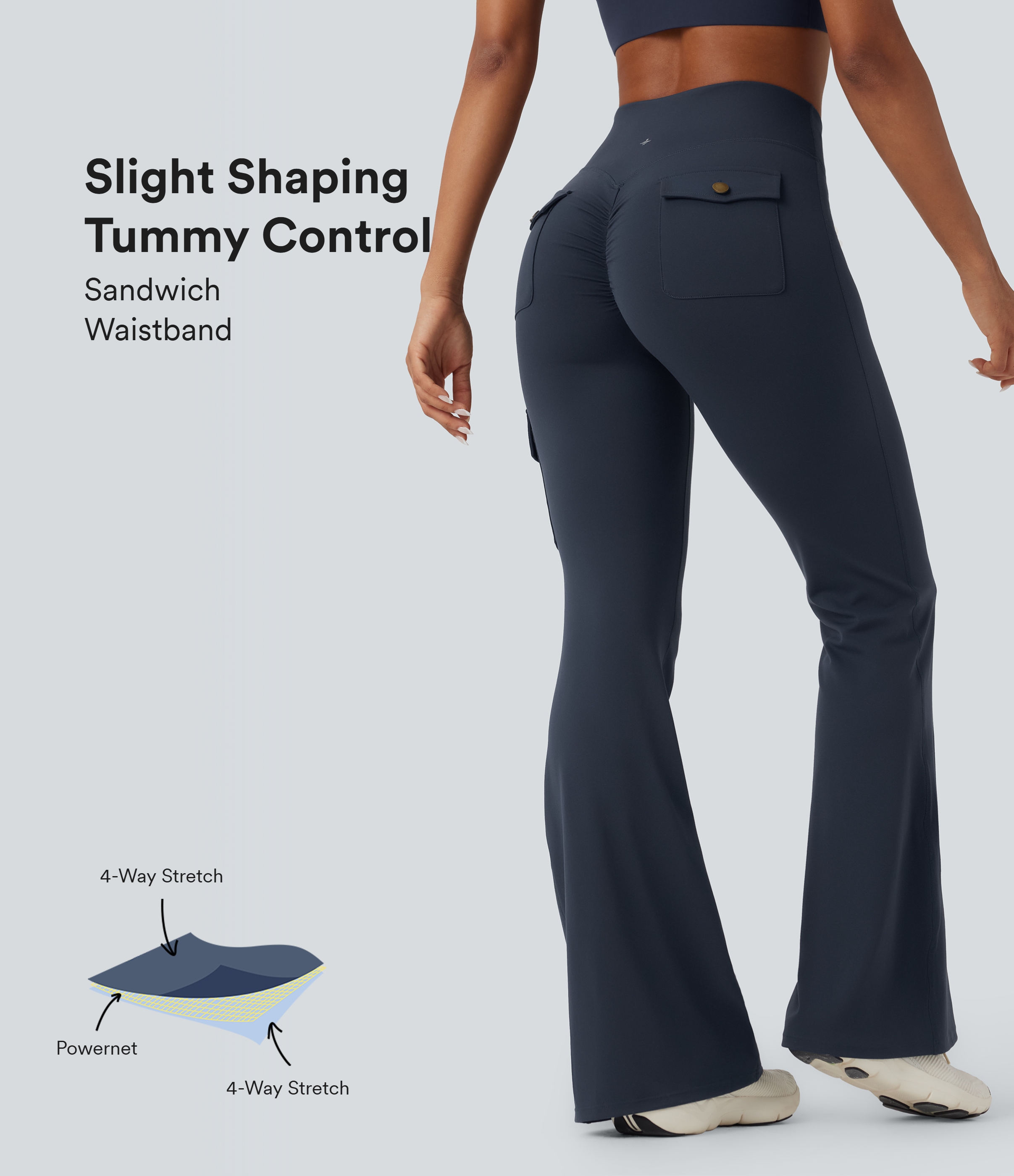 DayStretch High Waisted Tummy Control Ruched Workout Flare Pants with Pockets