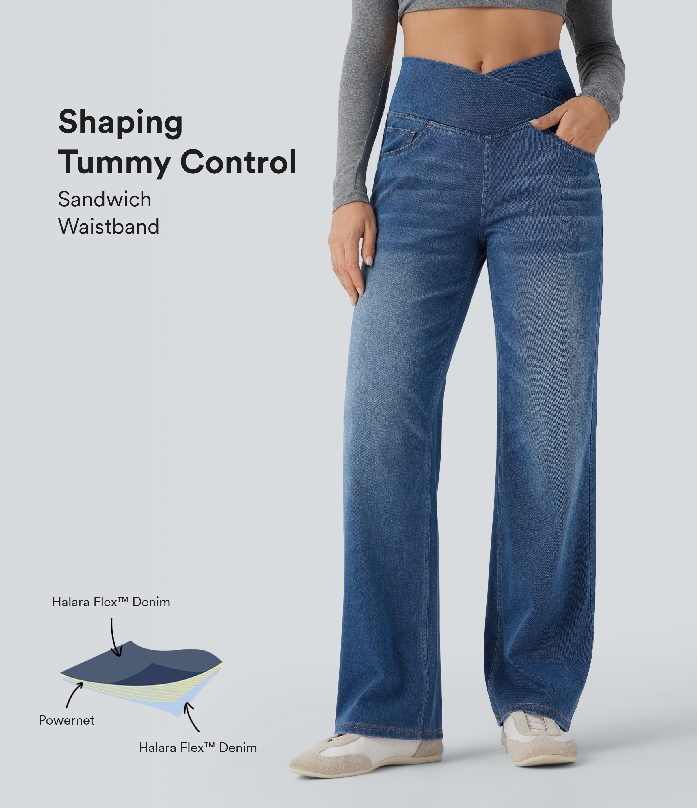 Jeans casuales rectos con control de abdomen de tiro alto cruzado y bolsillos, estilo Halara Flex™ SoCinched 