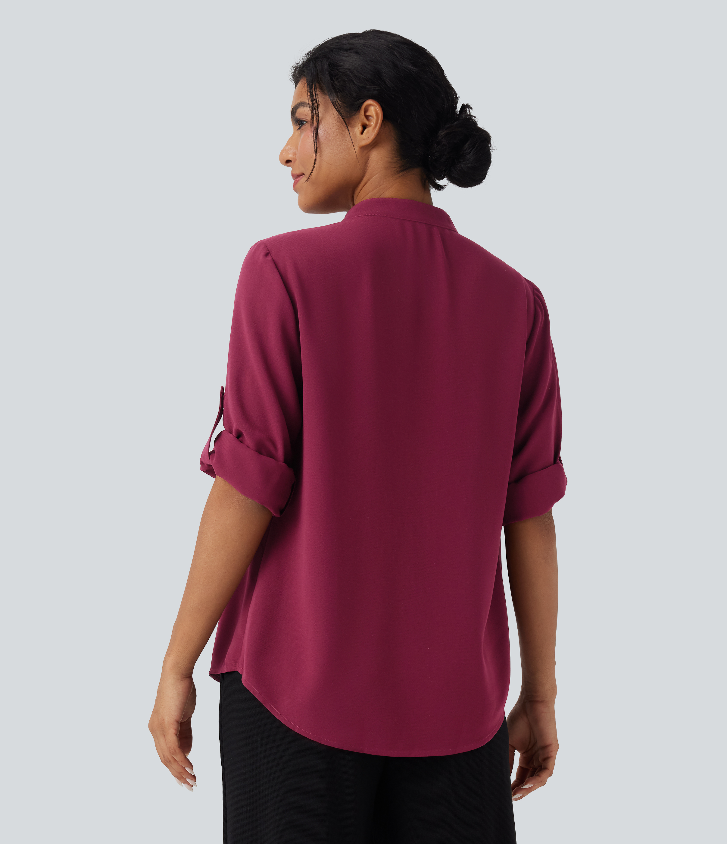 Beet Red V Neck Long Sleeve Curved Hem Work Shirt / 2