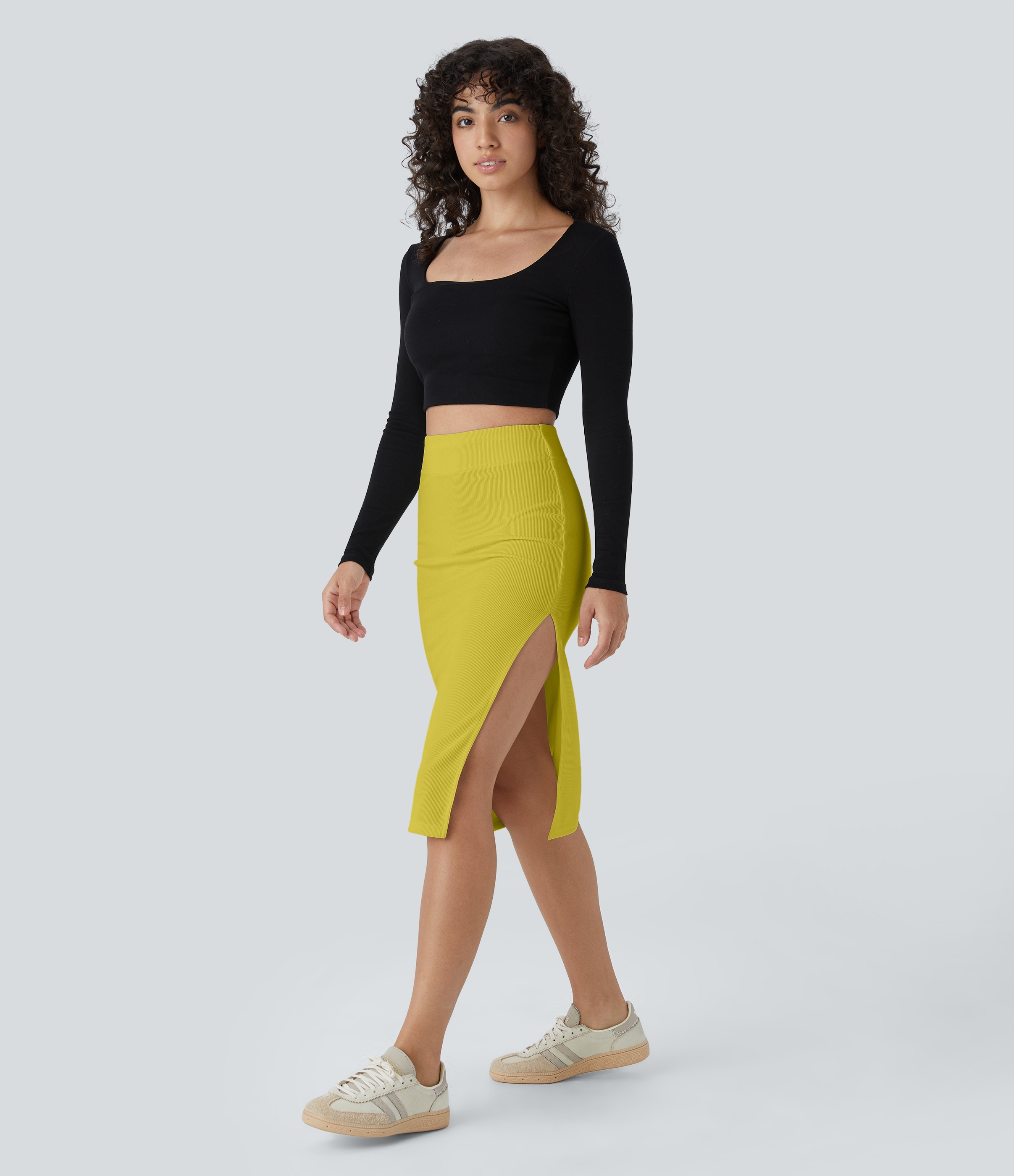 Ribbed High Waisted Bodycon Midi Casual Skirt
