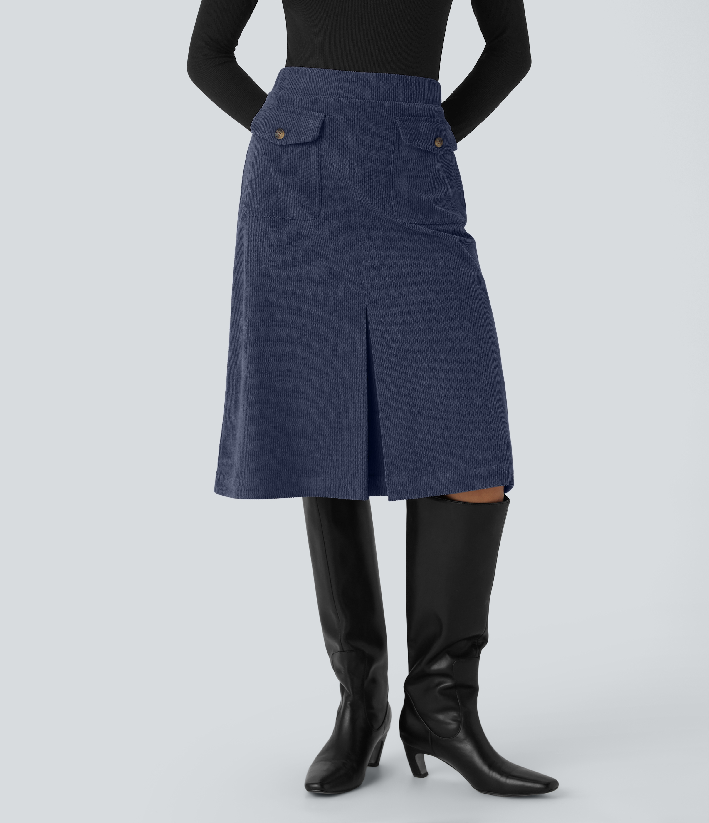 Mid Rise Front Side Flap Pocket Corduroy Women Casual Midi Skirt