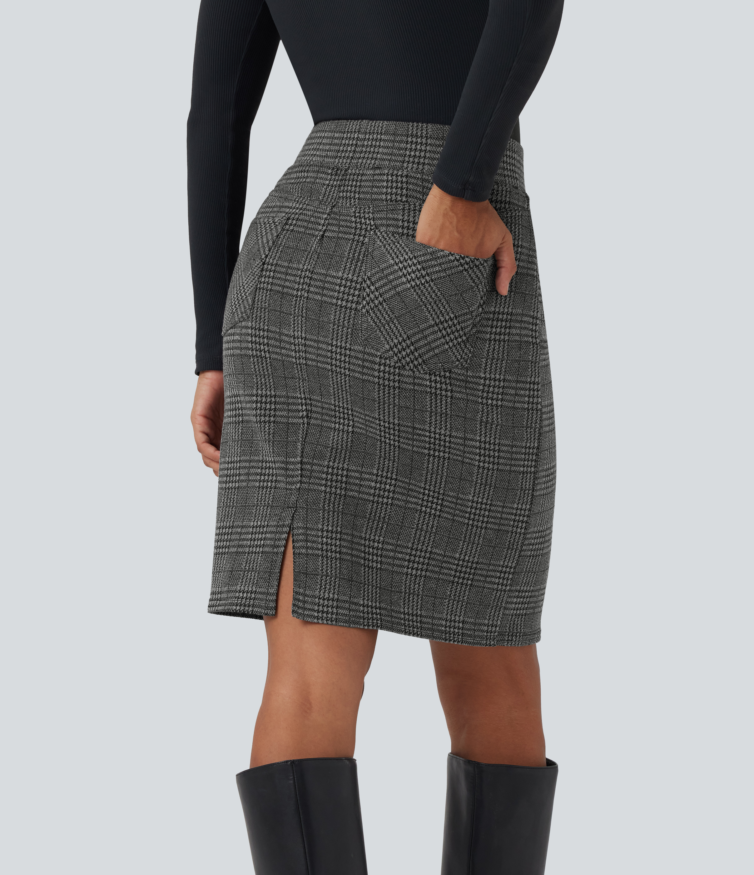 Dark Gray Plaid Minifalda de oficina de tiro alto ajustado con estampado de pata de gallo y bolsillos / 2