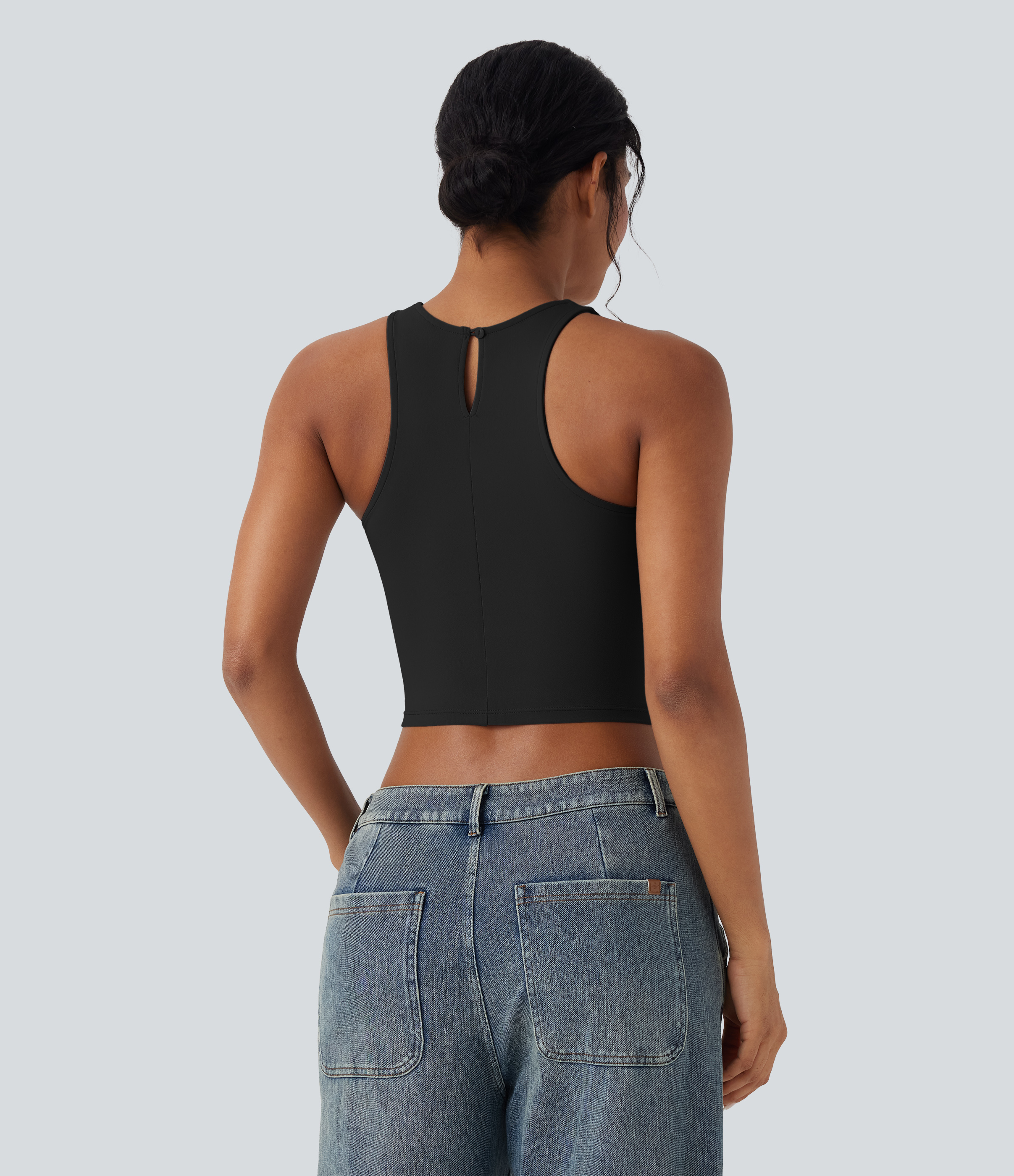 Black Top corto casual sin mangas con cuello redondo y abertura en la espalda / 2
