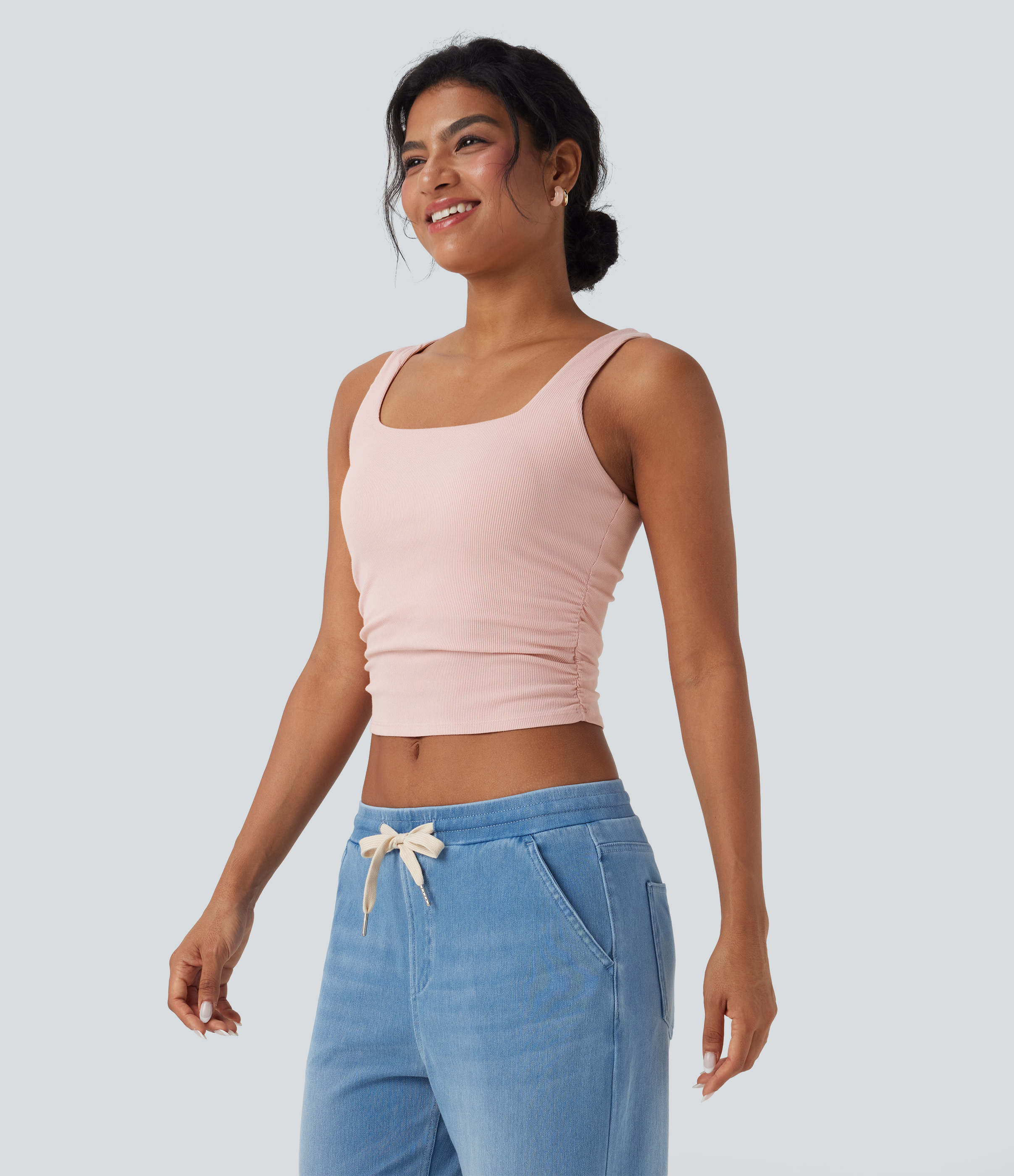 Stardust Pink Ribbed Square Neck Ruched Cropped Casual Tank Top / 1