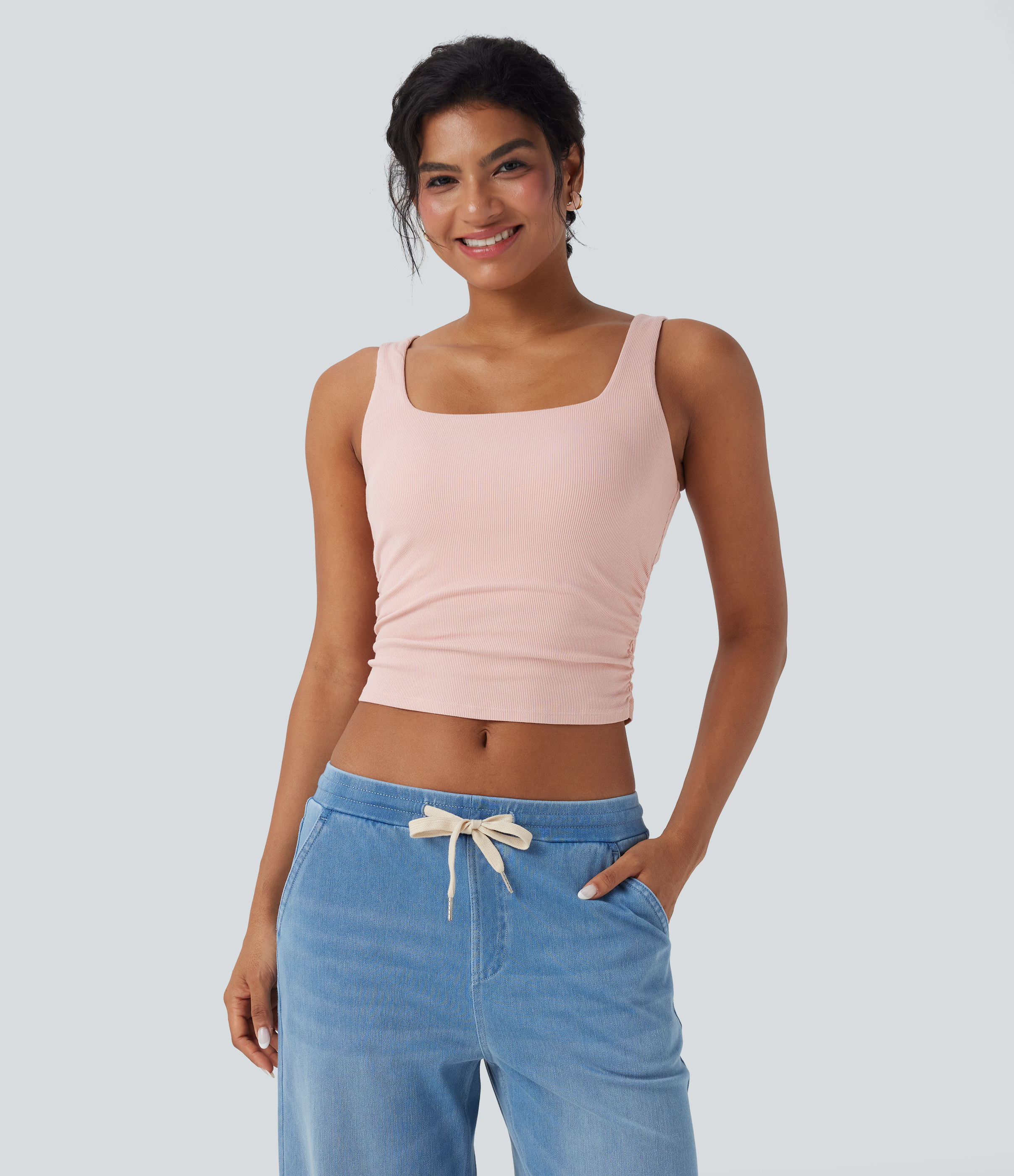 Stardust Pink Top casual corto fruncido con cuello cuadrado acanalado / 1