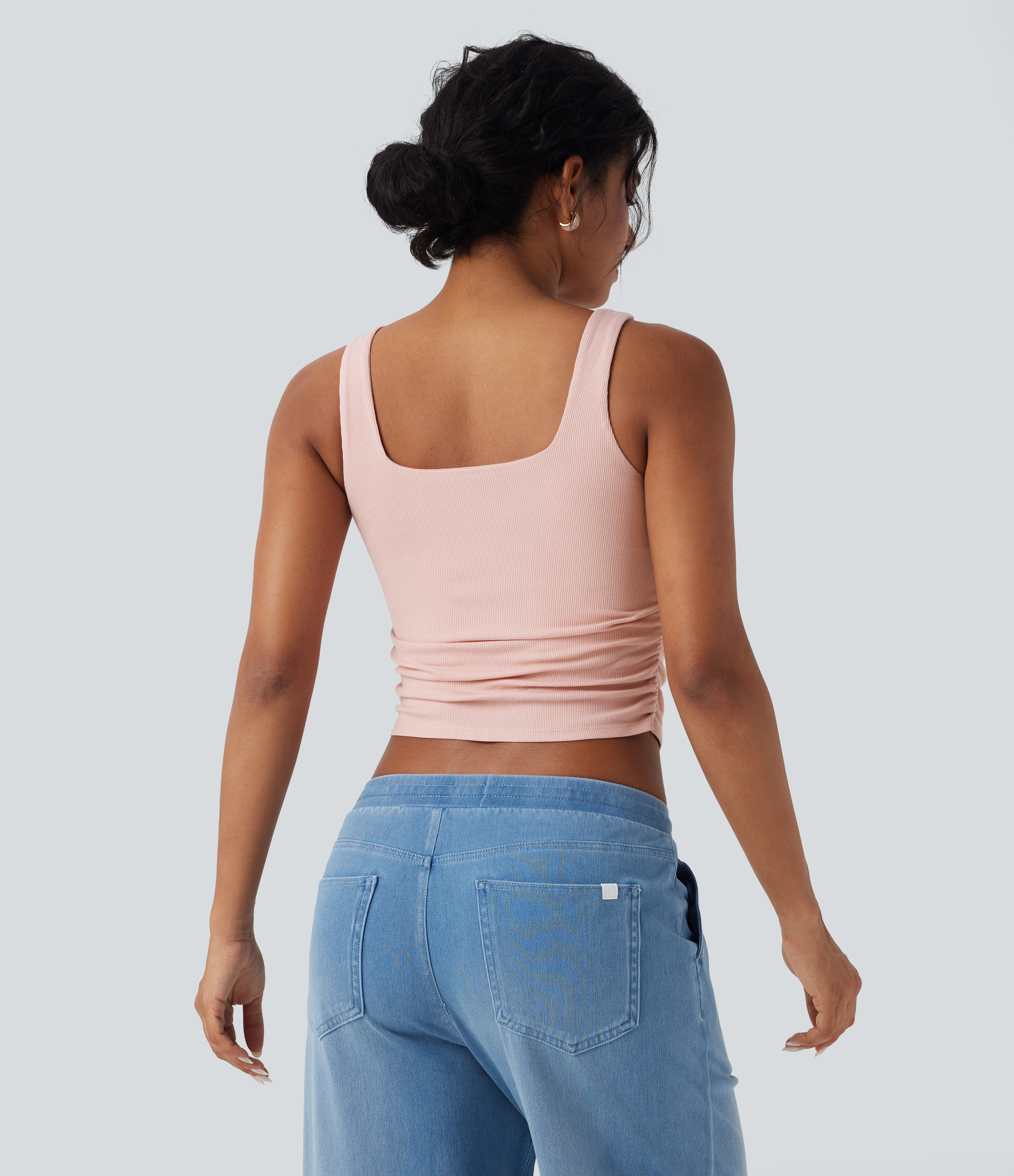 Stardust Pink Top casual corto fruncido con cuello cuadrado acanalado / 2