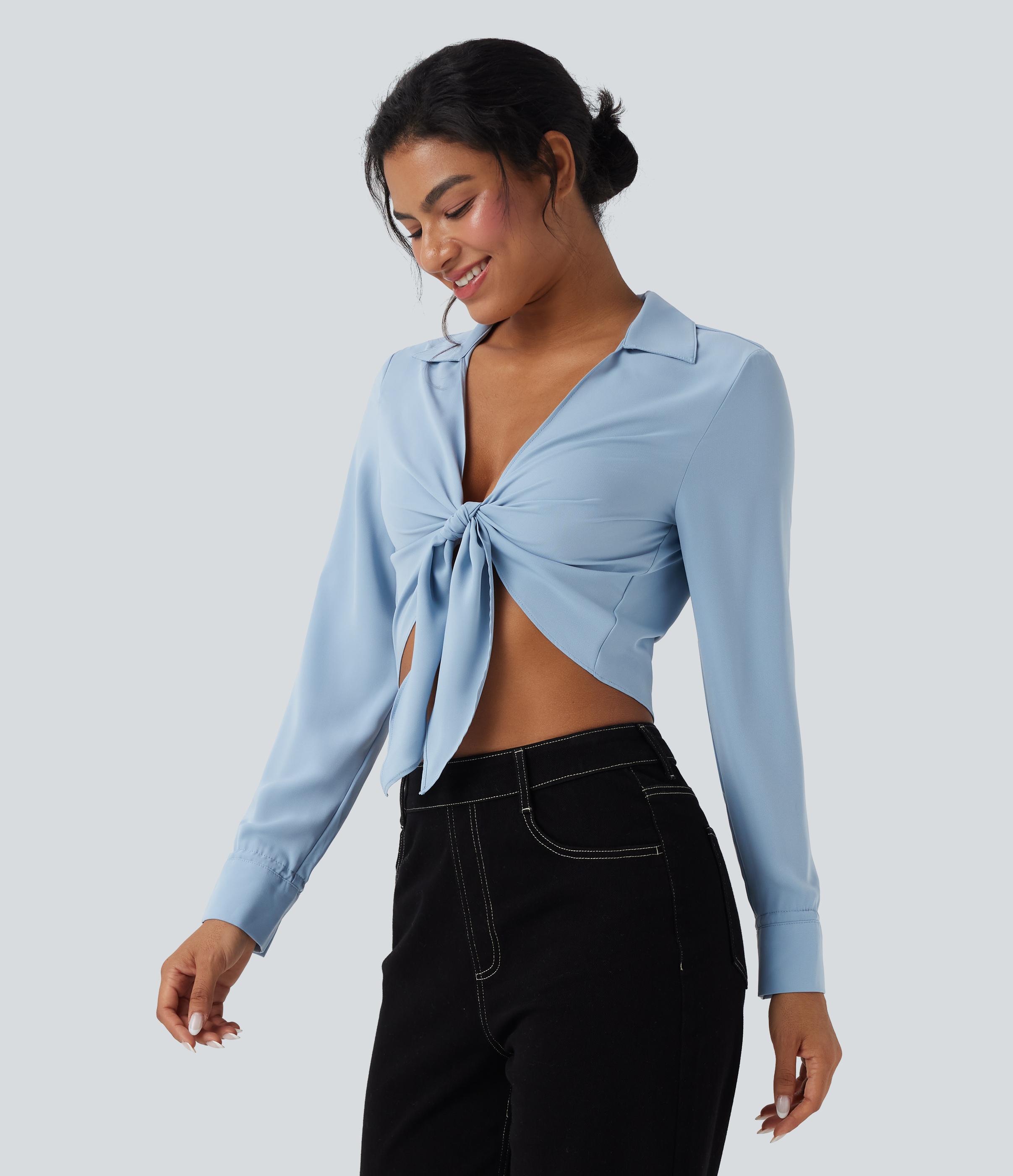 Tie Front Long Sleeve Cropped Casual Blouse