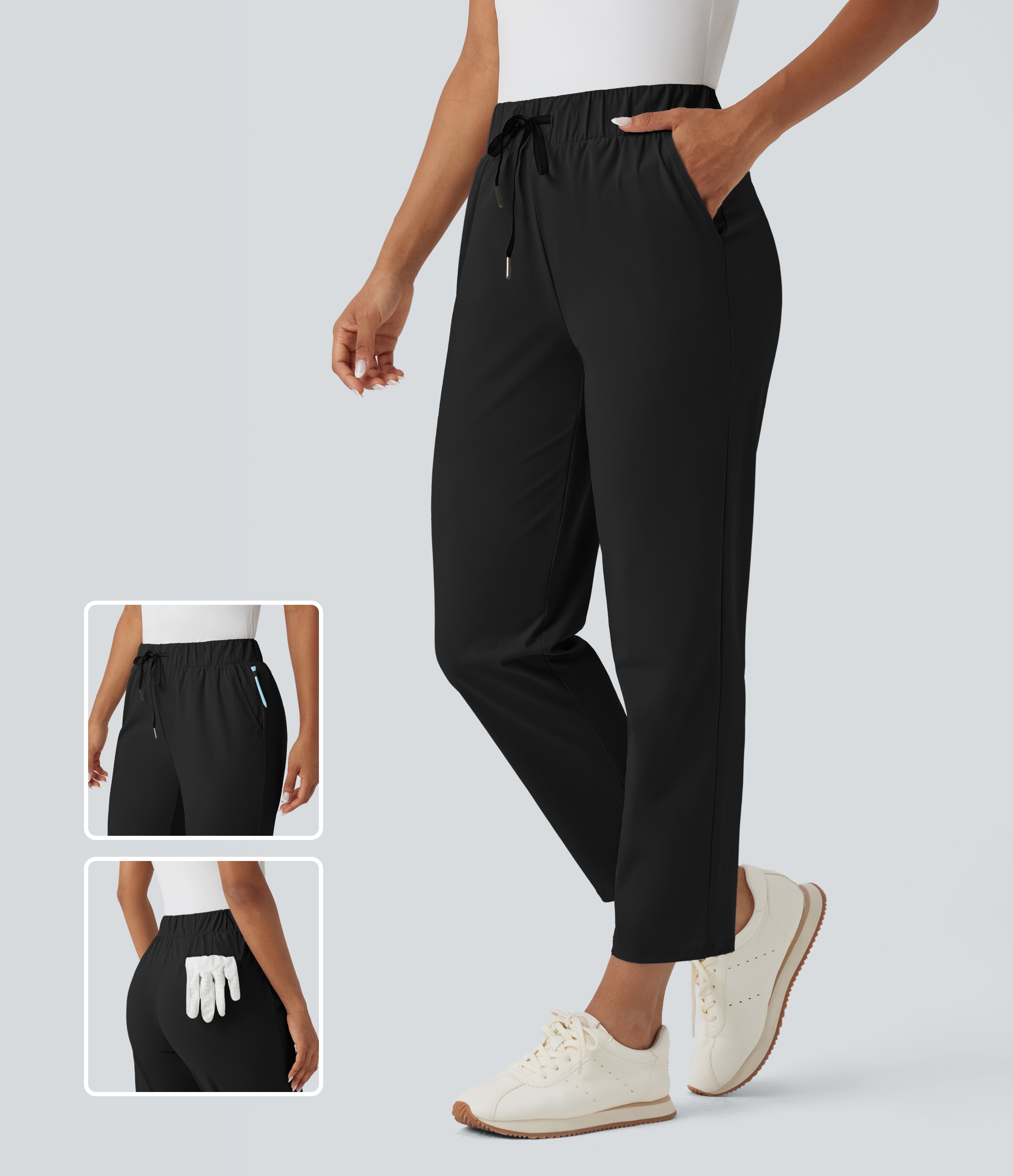 High Waisted Drawstring Pockets Quick Dry Golf Tapered Pants-Golf Tee Pocket