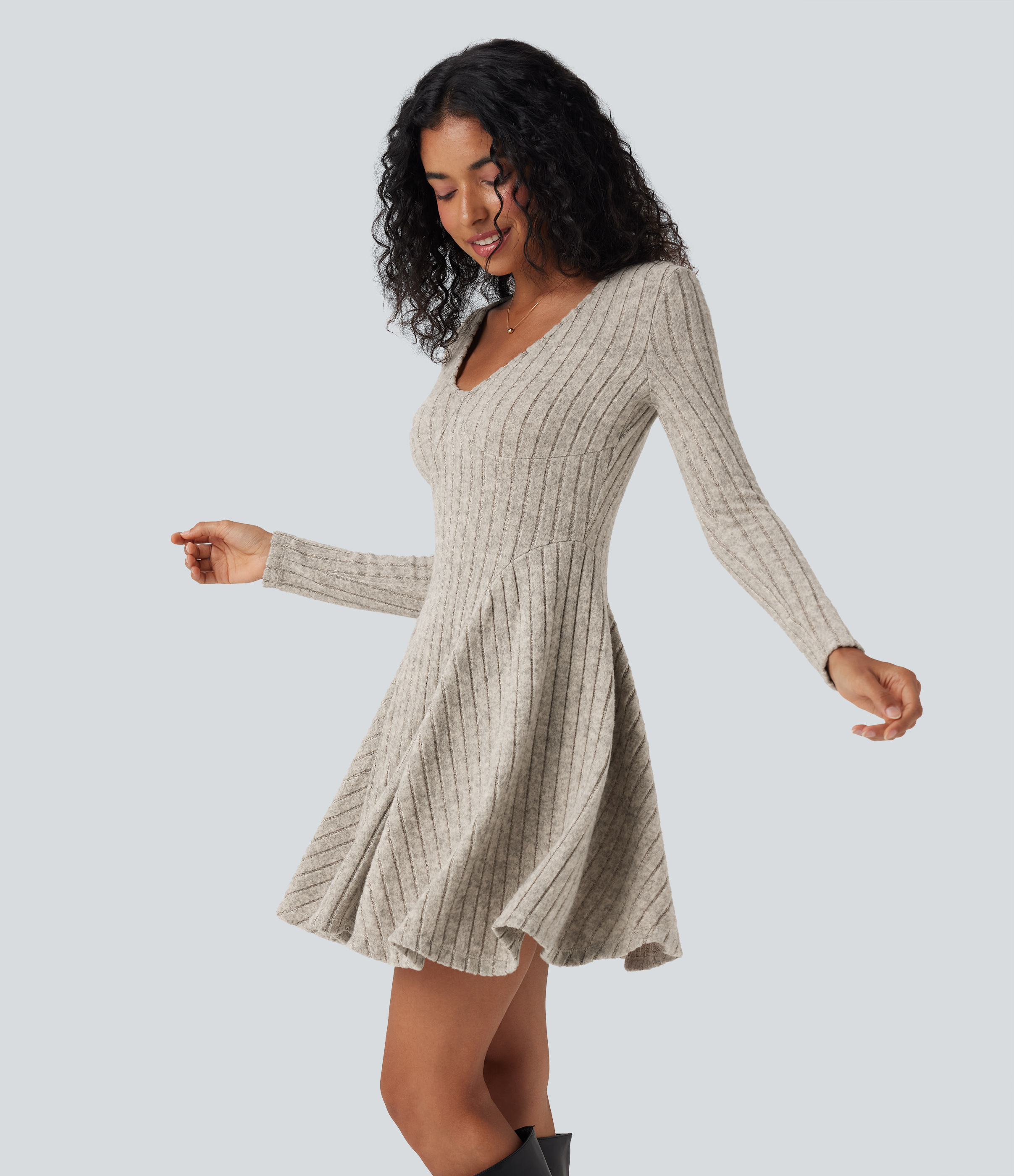 Ribbed Knit V Neck Long Sleeve Flare Mini Casual Dress with Pockets