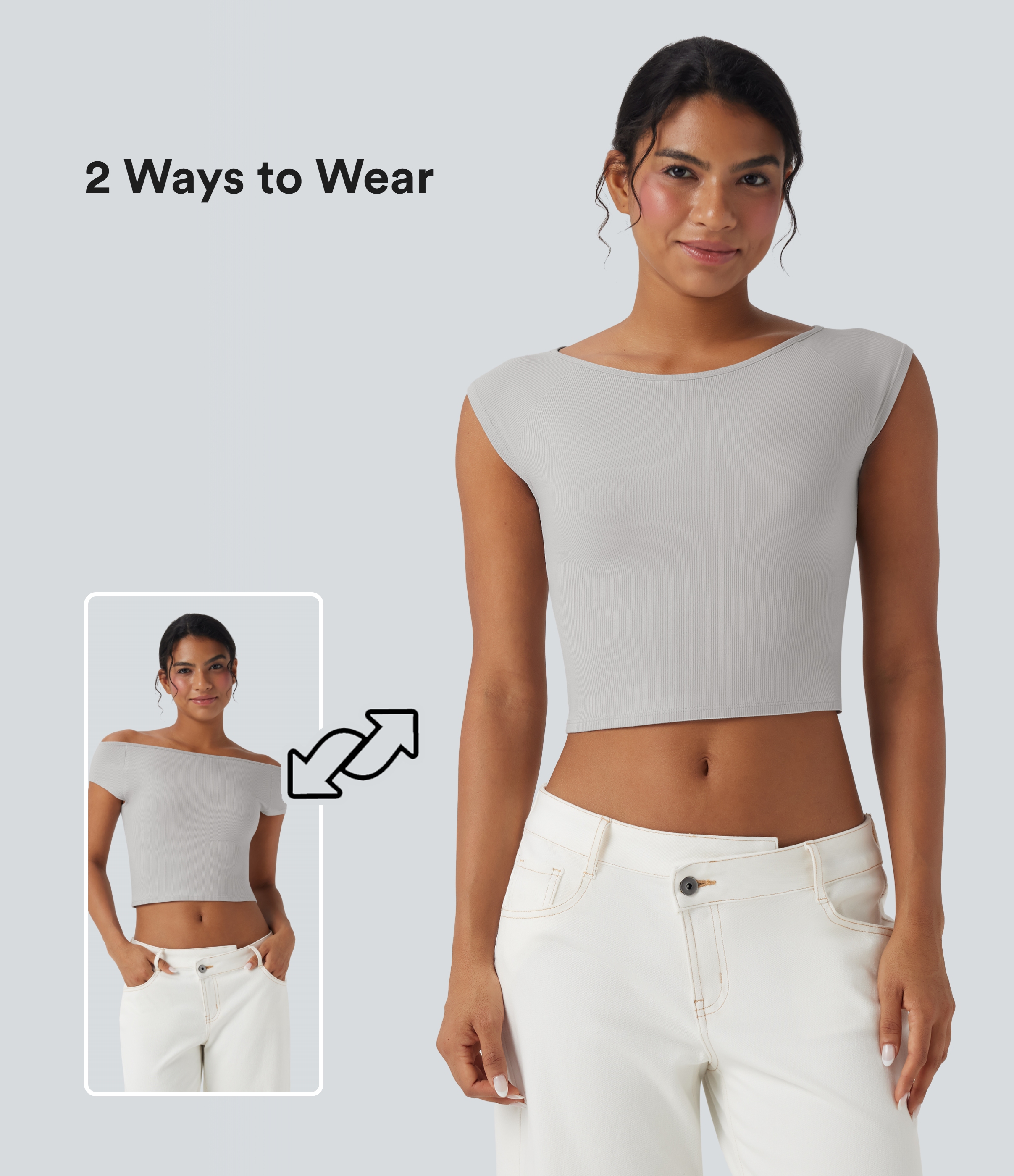 Glacier Gray Haut casual crop tricot côtelé col bateau manches courtes / 1