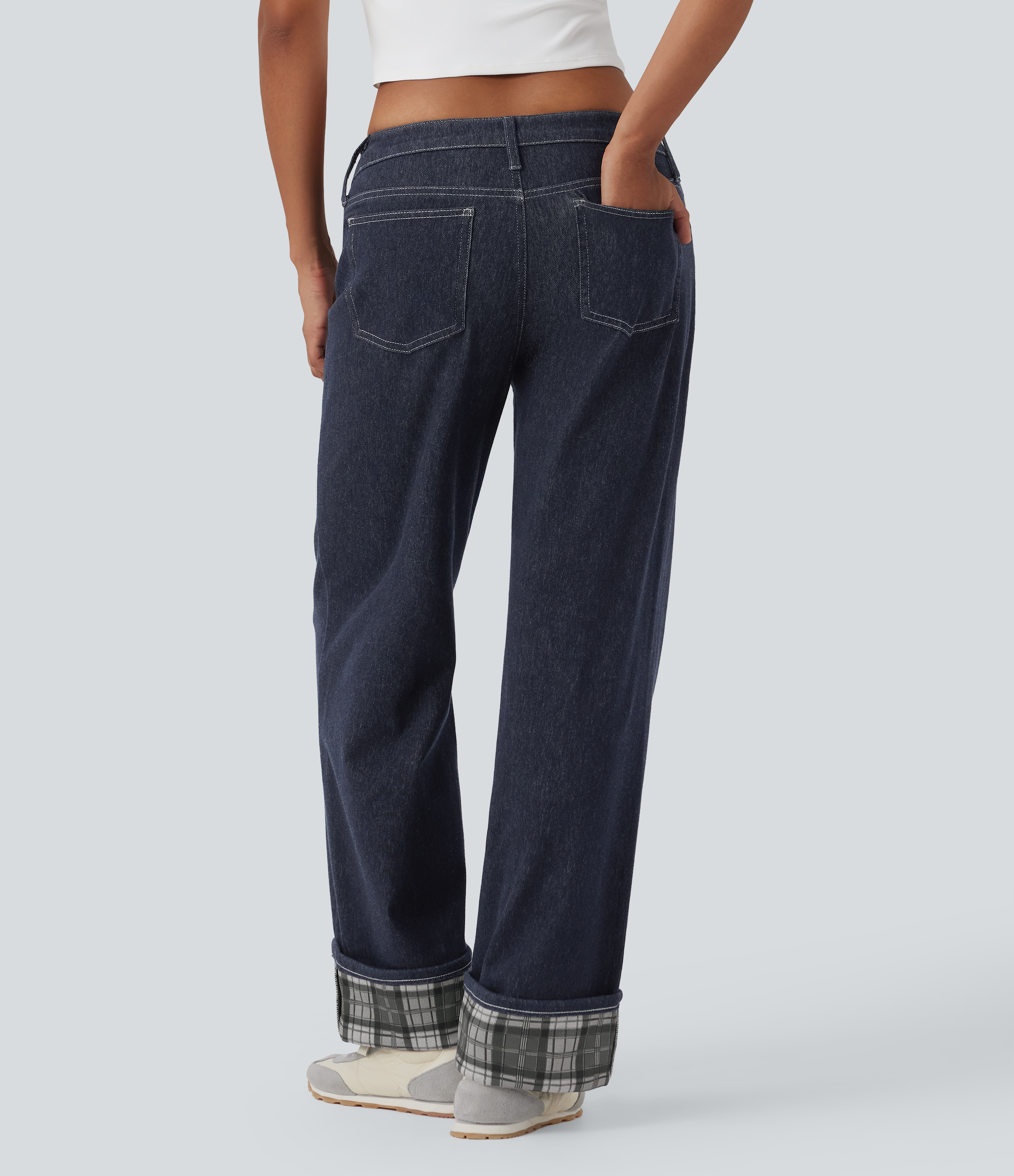 Deep Cobalt Denim Jeans casuales anchos Halara Flex™ de tiro bajo con cuadros contrastantes y dobladillo enrollado con bolsillos / 2