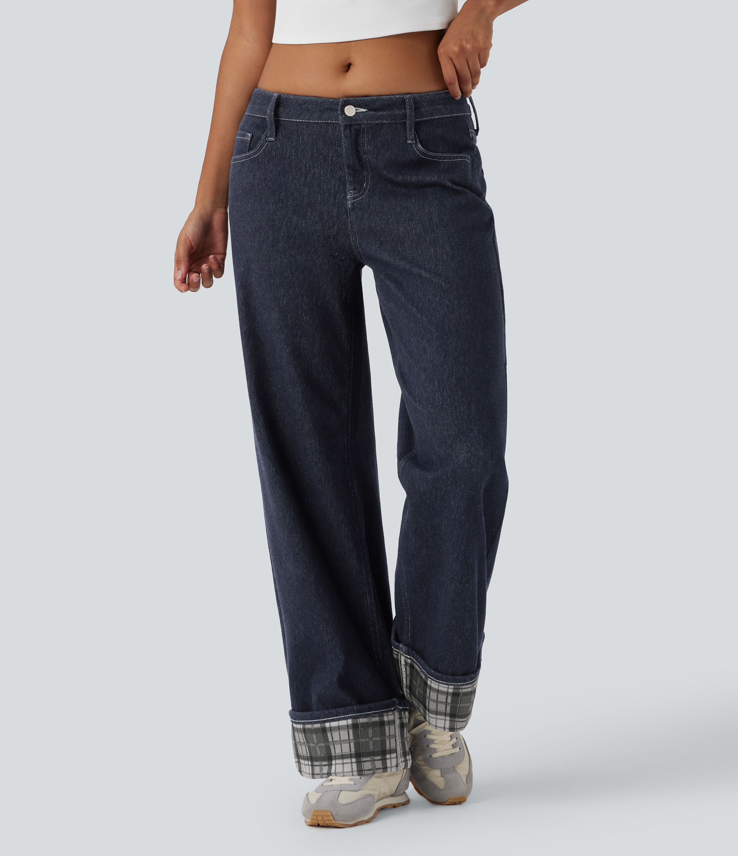 Halara Flex™ Niedrige Taille Kontrast Kariert Umgeschlagener Saum Weite Bein Lässige Jeans mit Taschen