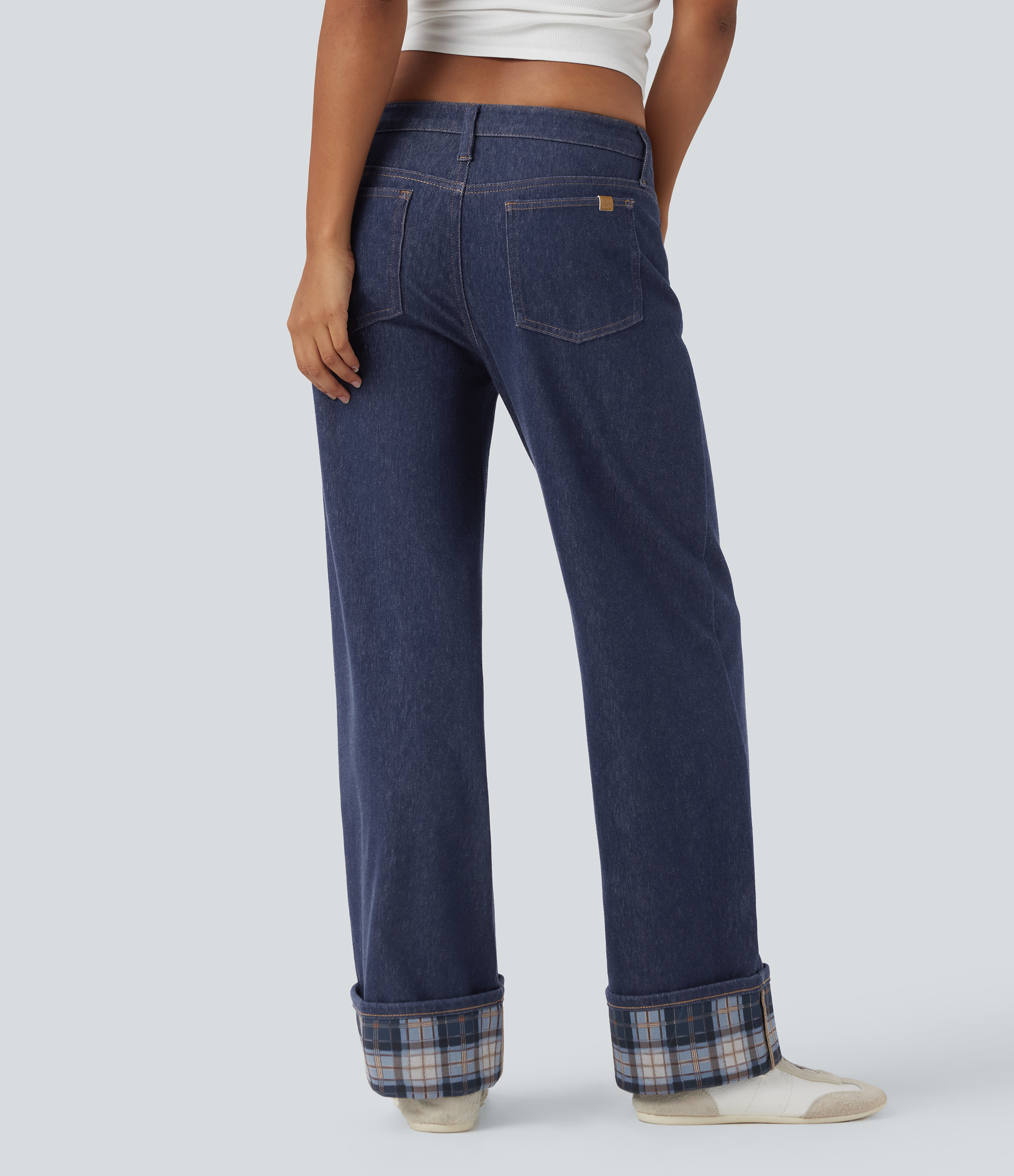 Academy Blue Denim Halara Flex™ Low Rise Contrast Plaid Rolled Hem Wide Leg Casual Jeans with Pockets / 2