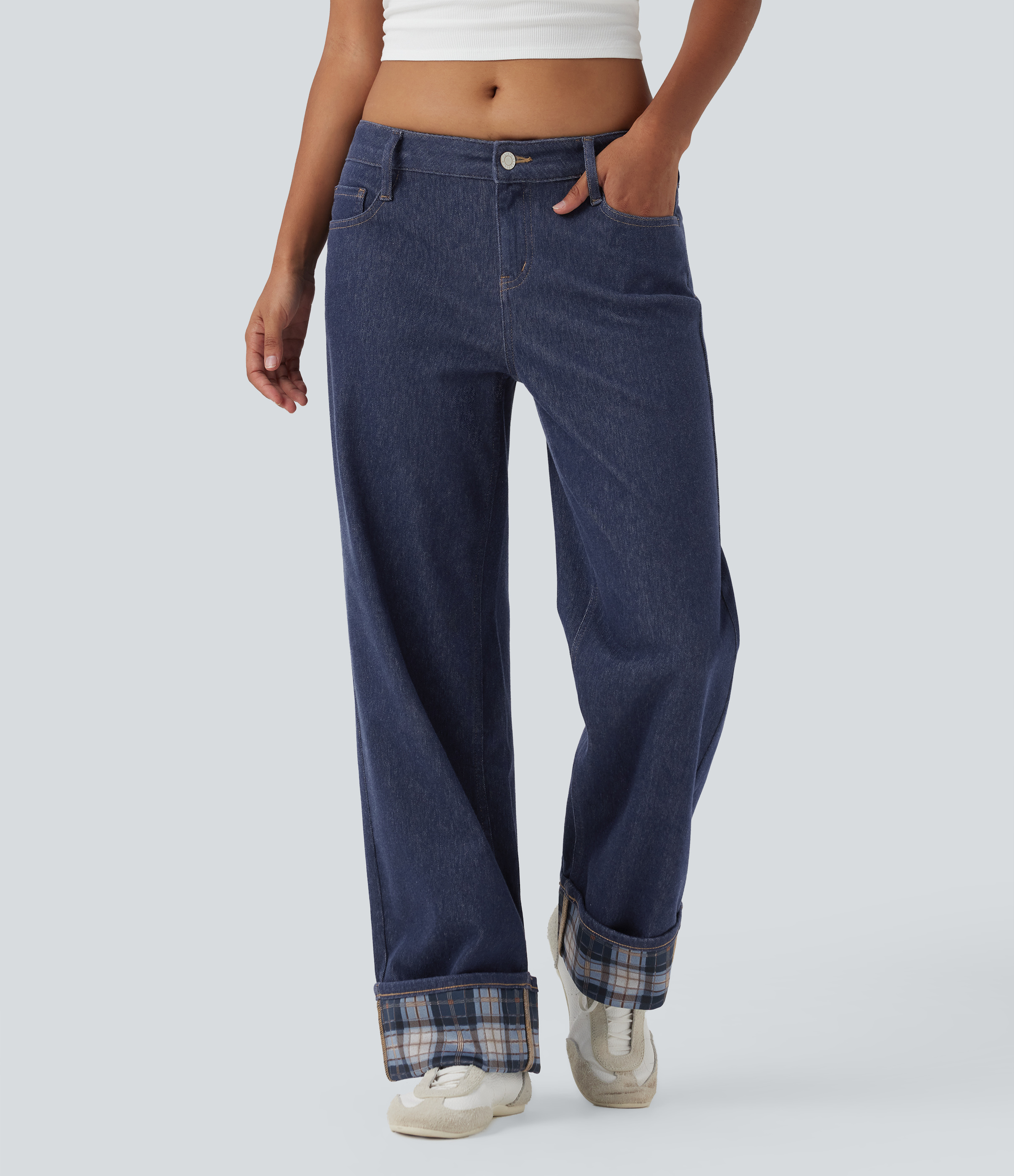 Jean large Halara Flex™ taille basse à carreaux contrastants ourlet roulé avec poches