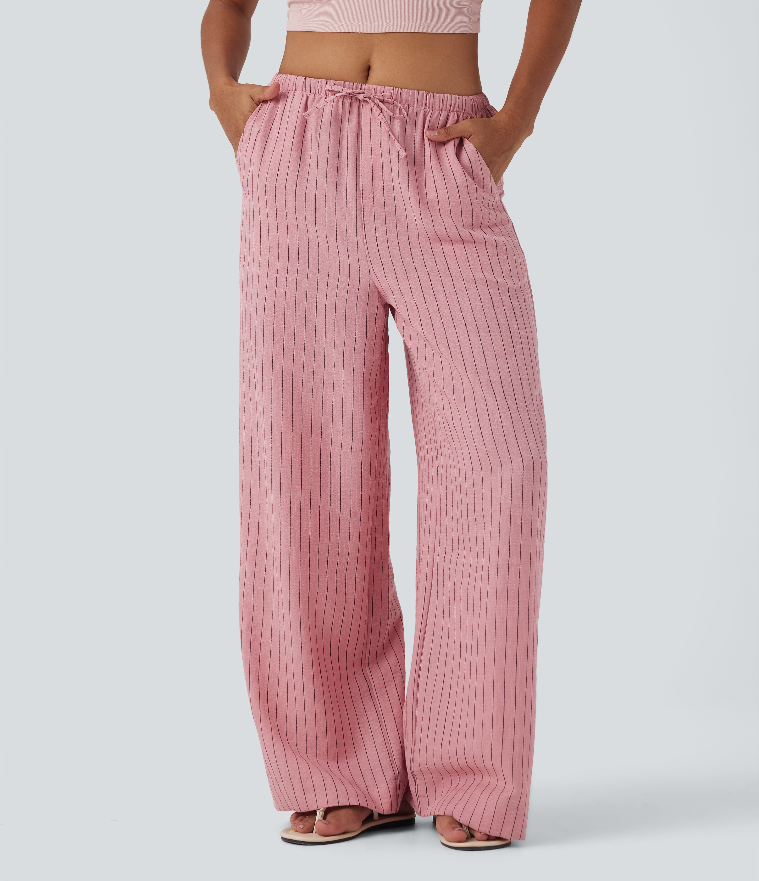 Mid Rise Drawstring Stripe Wide Leg Casual Linen-Feel Pants with Pockets