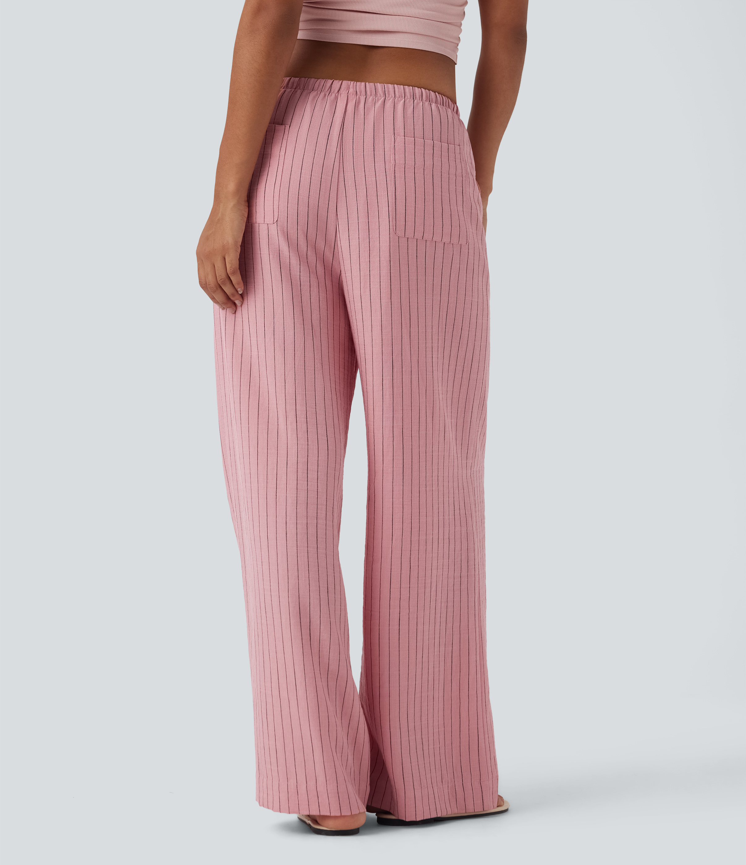 Candy Pink Black Yarn Dye Stripes Pantalones casuales de lino con tiro medio, cordón ajustable, pierna ancha y bolsillos / 2