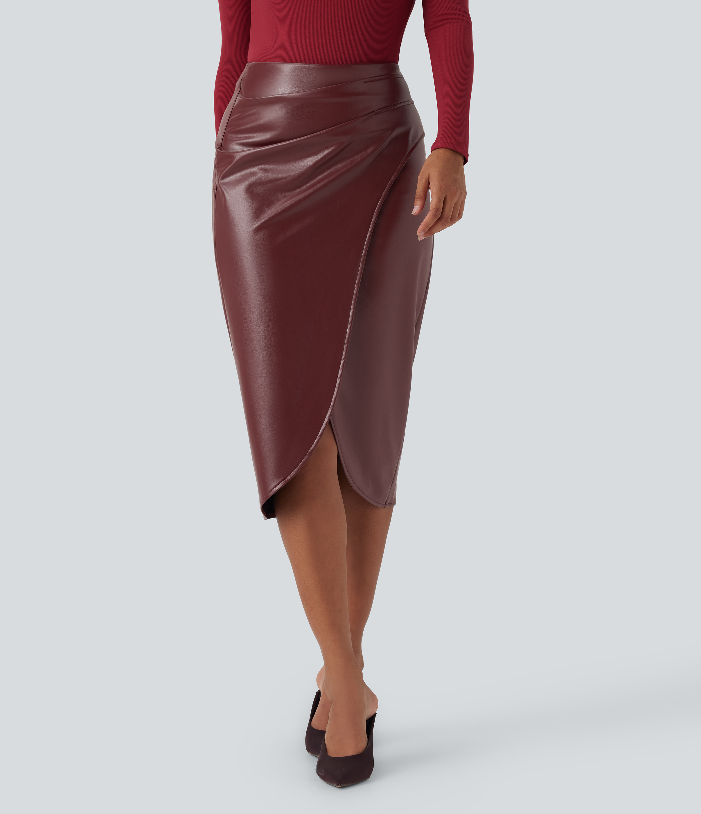High Waisted Stretchy PU Faux Leather Fleece Tulip Hem Skirt