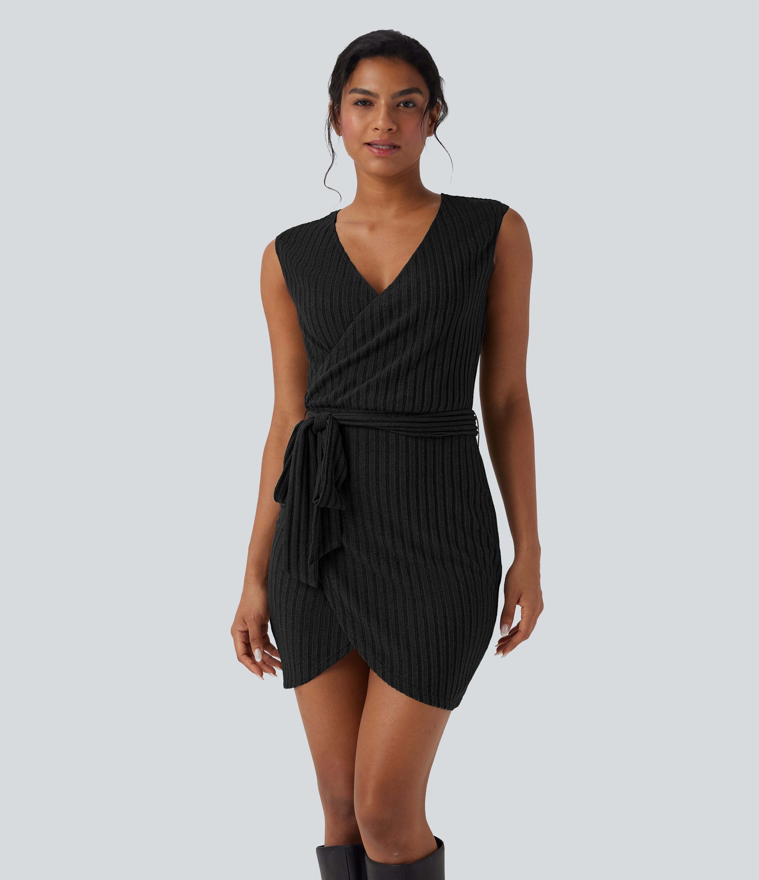 Ribbed Knit Sleeveless Belted Wrap Bodycon Mini Casual Dress