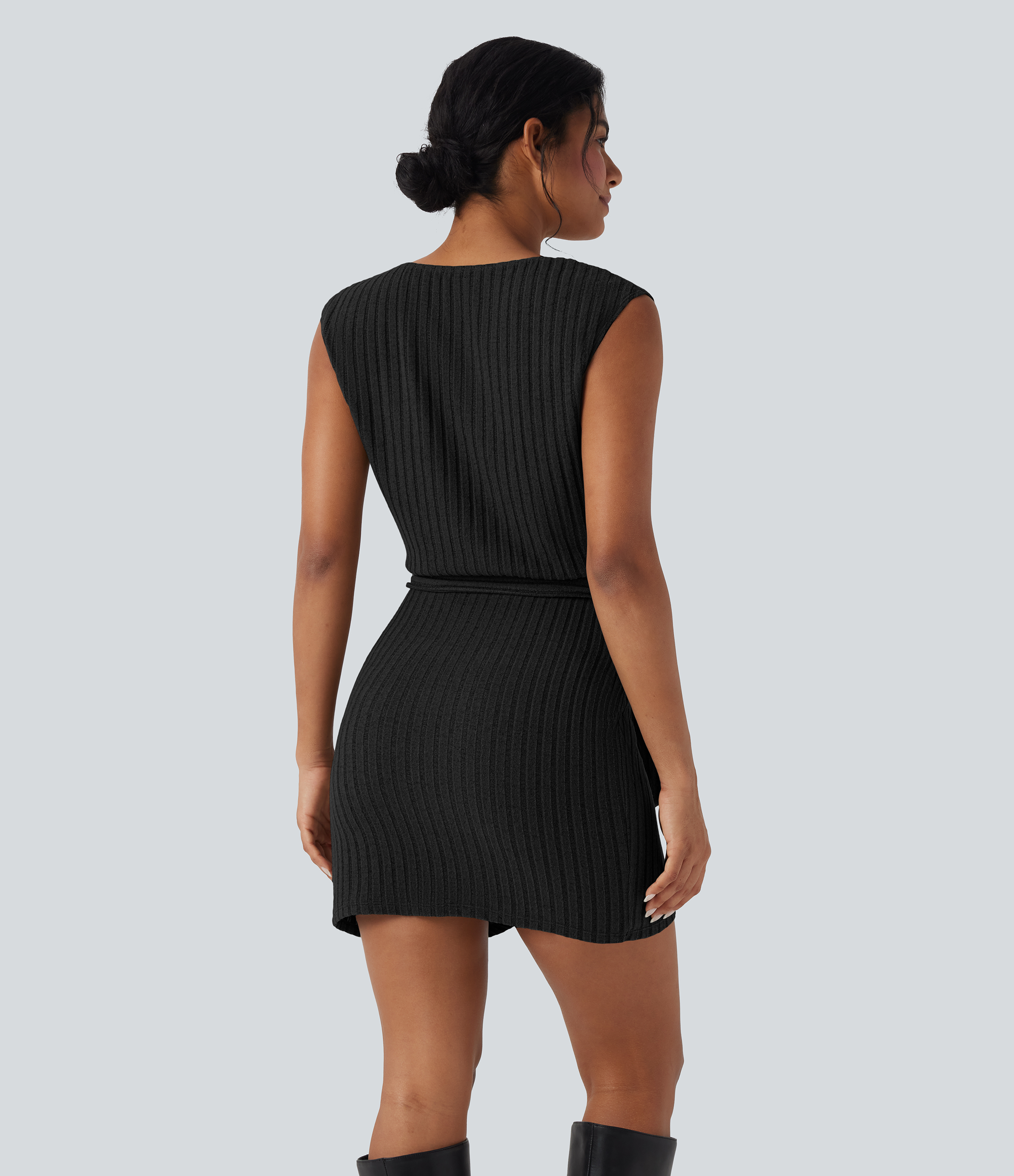 Black Ribbed Knit Sleeveless Belted Wrap Bodycon Mini Casual Dress / 2