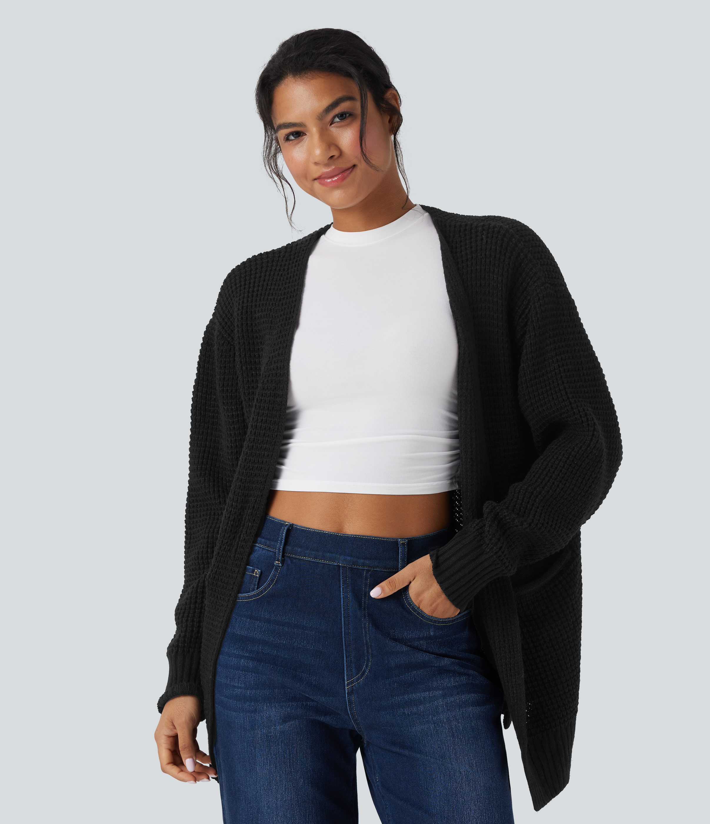 Cardigan décontracté gaufré manches longues avec poches