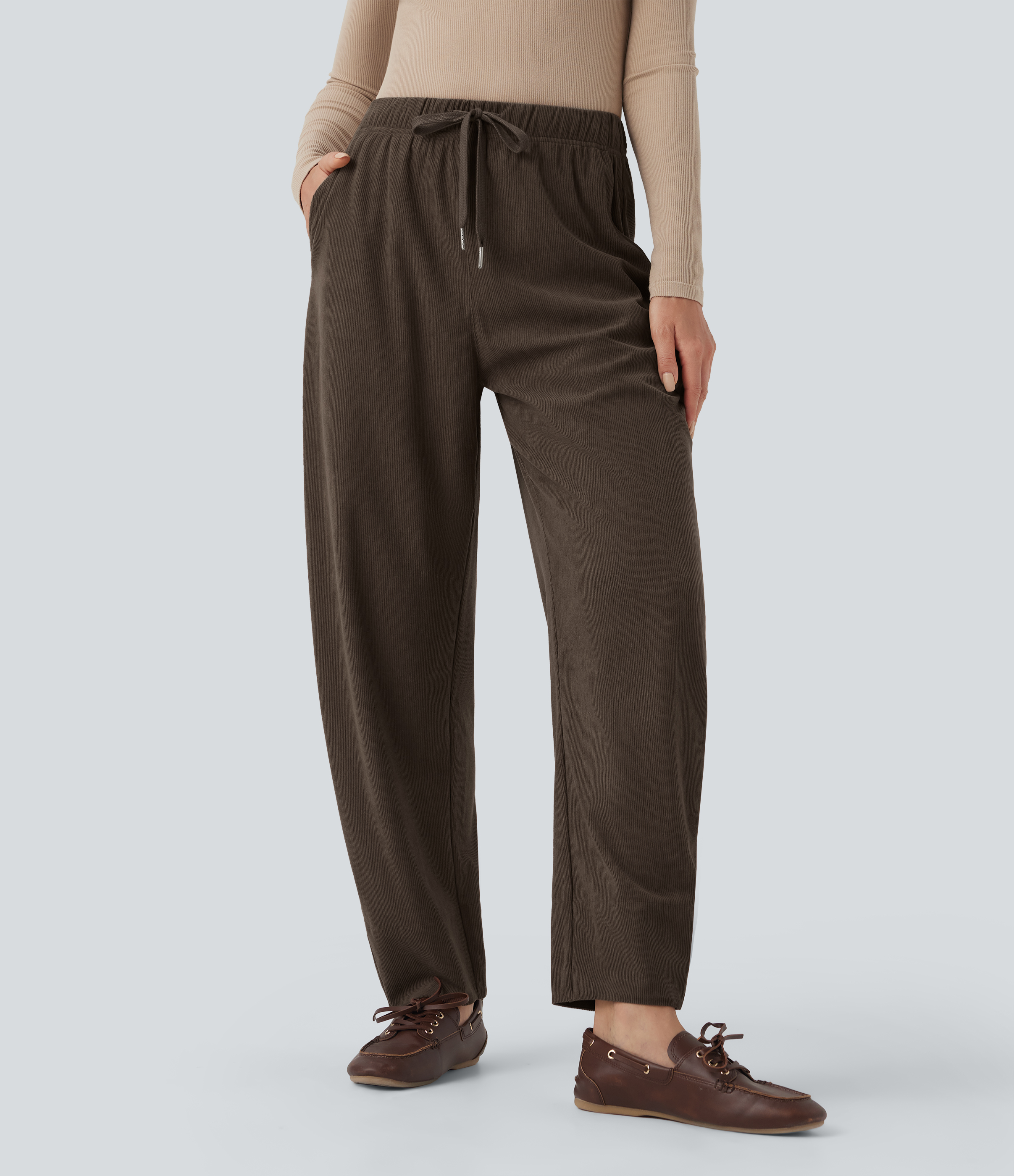 Demitasse Pantalones casuales de pana con tiro alto, cordón ajustable y bolsillos / 1