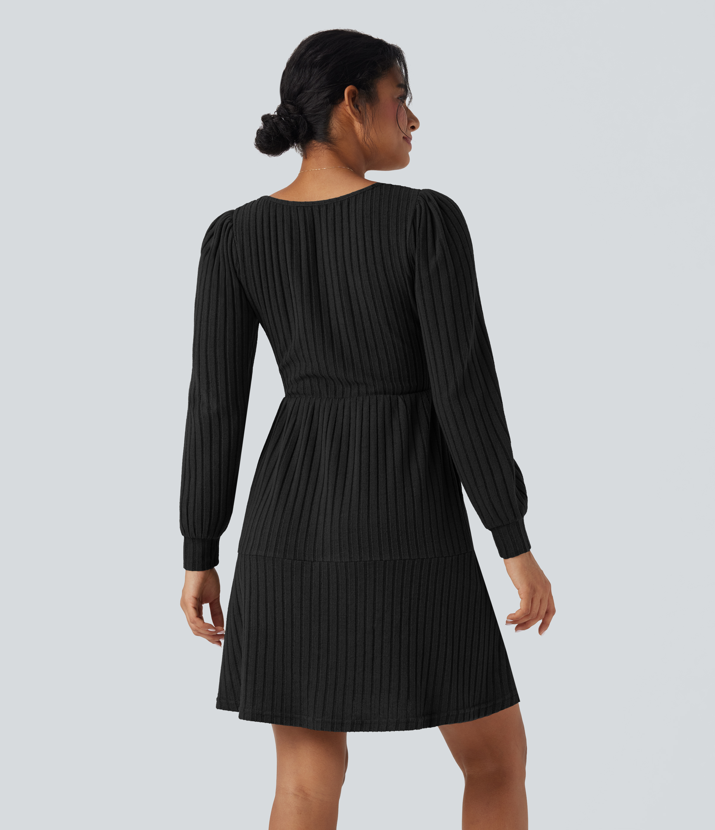 Noir Robe décontractée maille côtelée décolleté carré manches longues bouffantes avec poches / 2