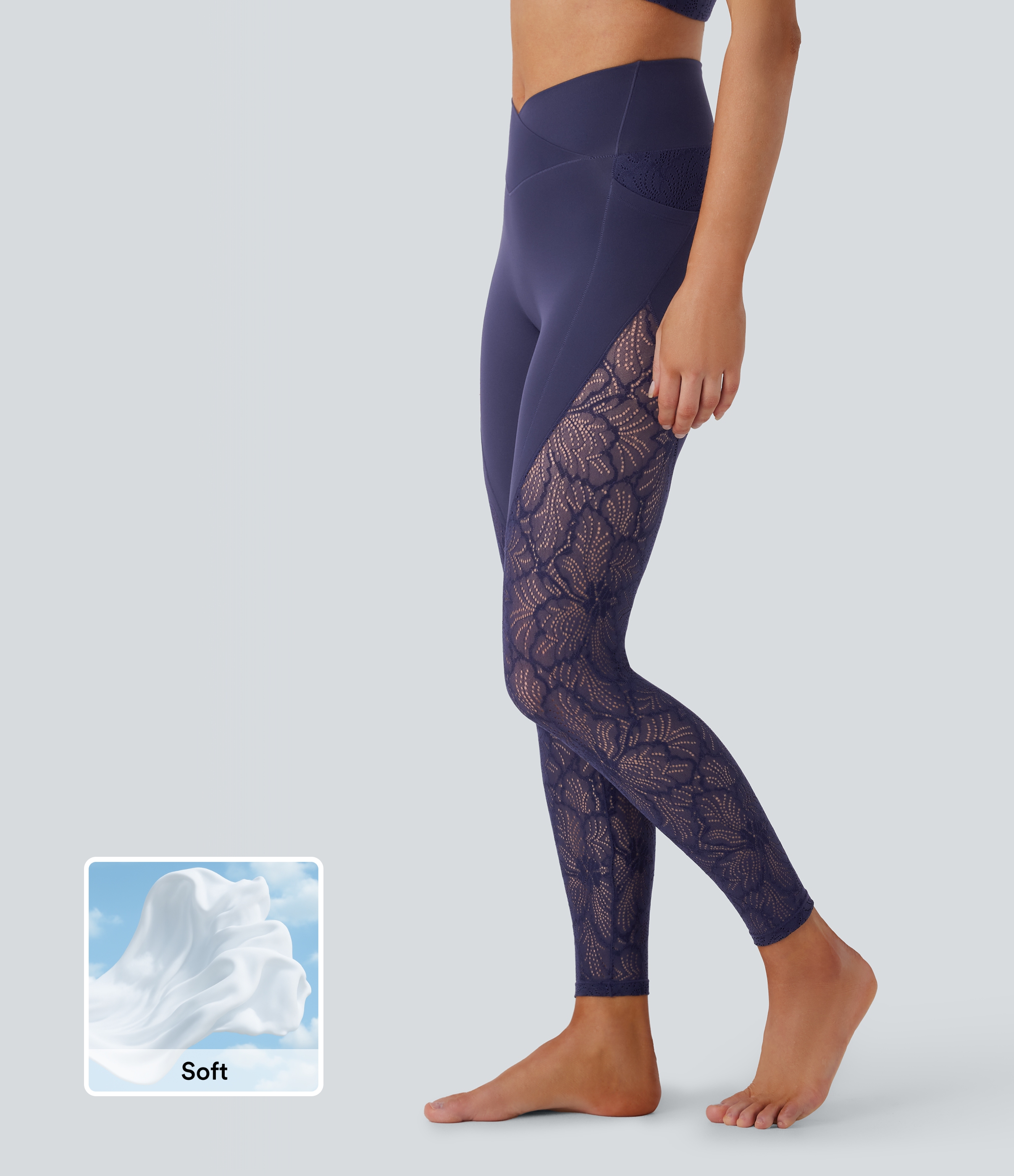 Softlyzero™ High Waisted Crossover Side Pocket Contrast Lace Yoga Leggings-UPF50+