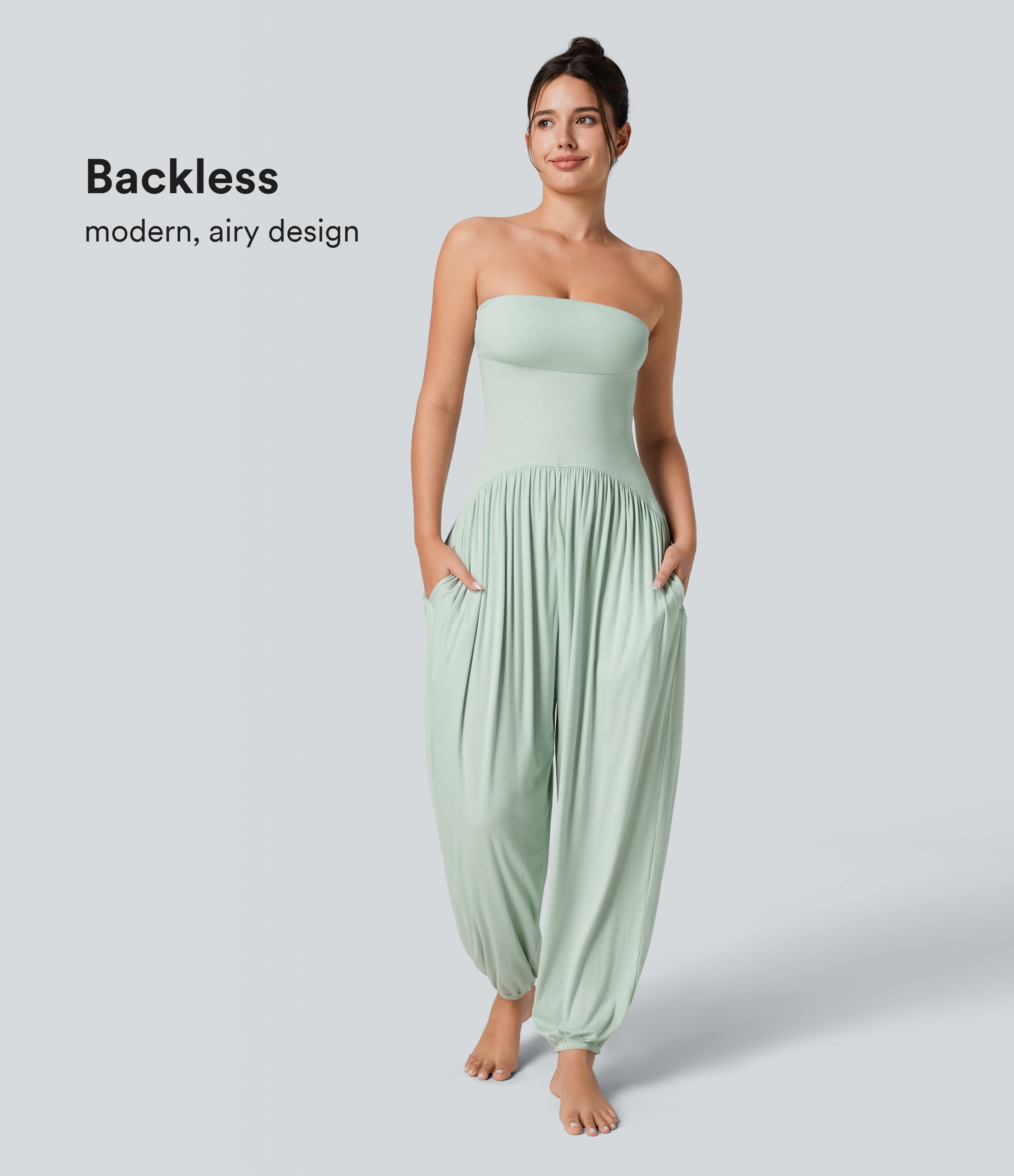 Fairest Jade Bandeau jumpsuit mit Seitentaschen, ohne Ärmel, plissiert Rippstrick, rückenfrei / 1