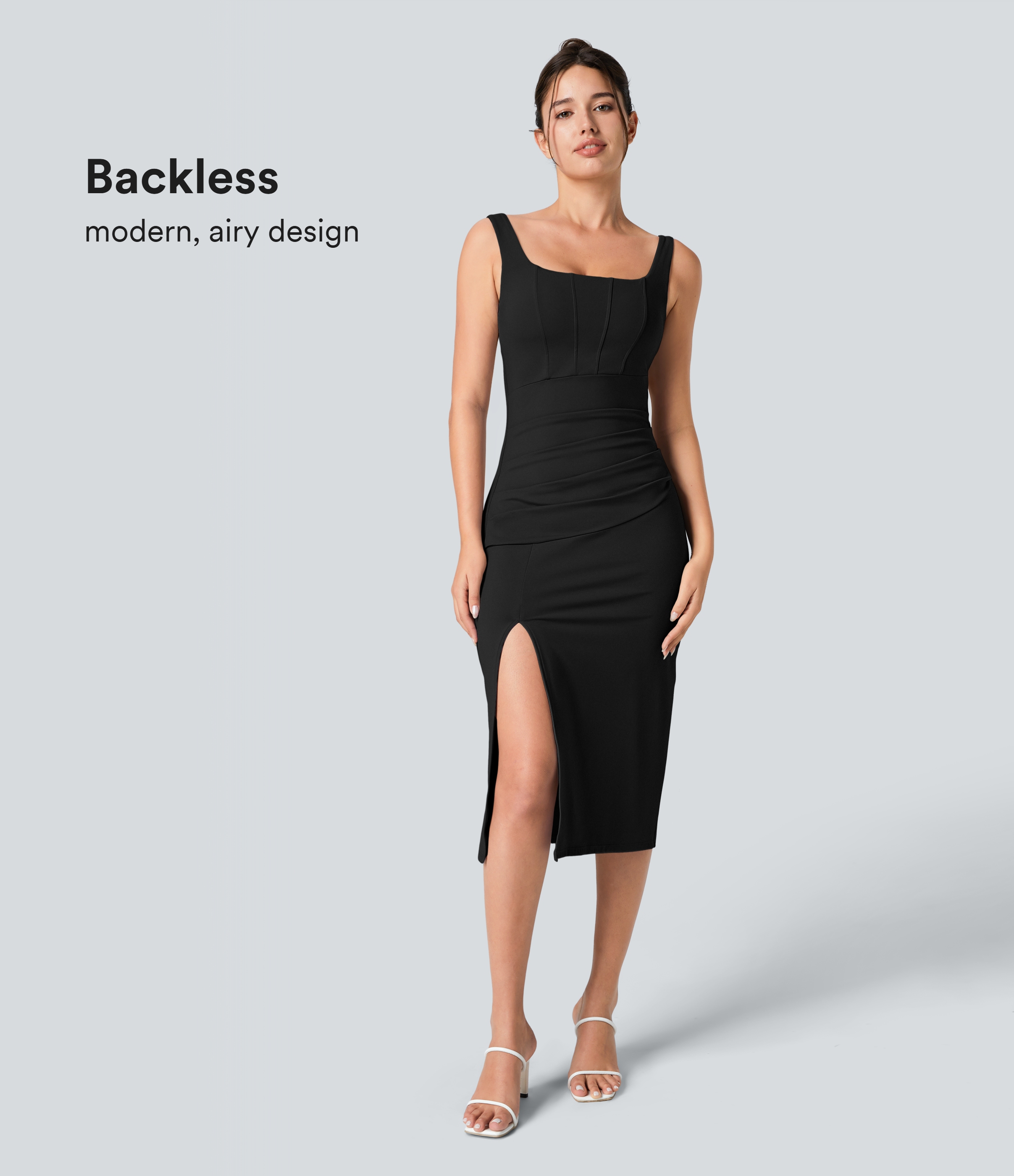 Vestido Softlyzero™ de corte aireado, escote cuadrado, espalda descubierta, fruncido, corte ajustado, midi, tacto fresco, para dama de honor e invitada de boda