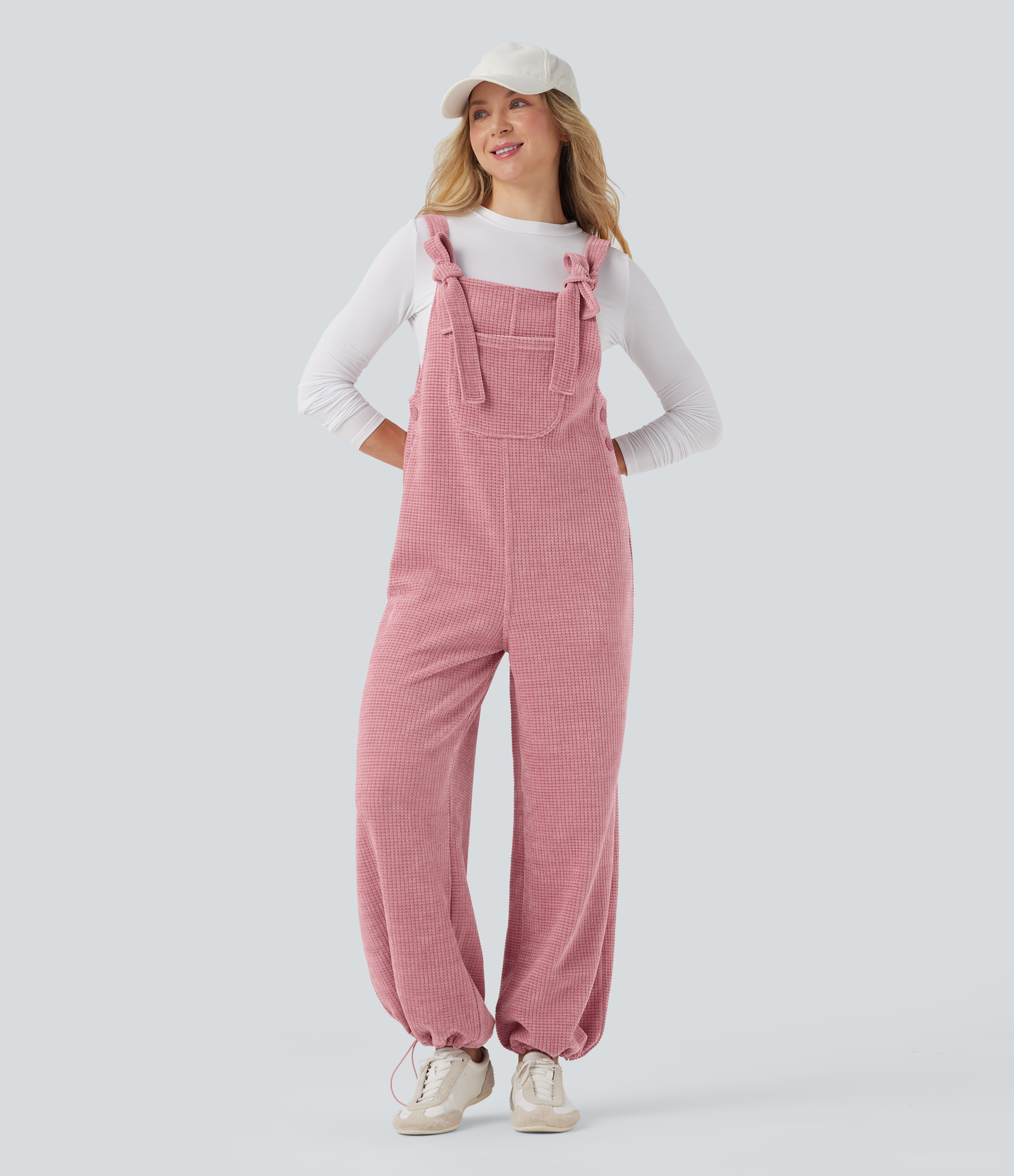 Tie Front Cinchable Hem Chenille Waffle Casual Overalls with Pockets