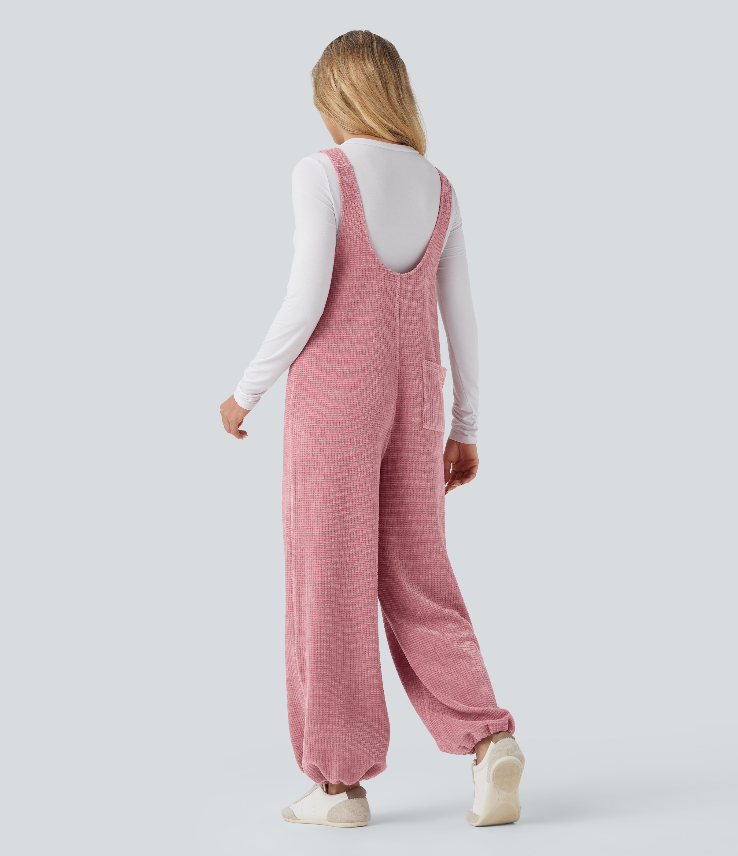 Rose Elegance Jumpsuit casual de chenilla con dobladillo ajustable y lazo frontal con bolsillos / 2