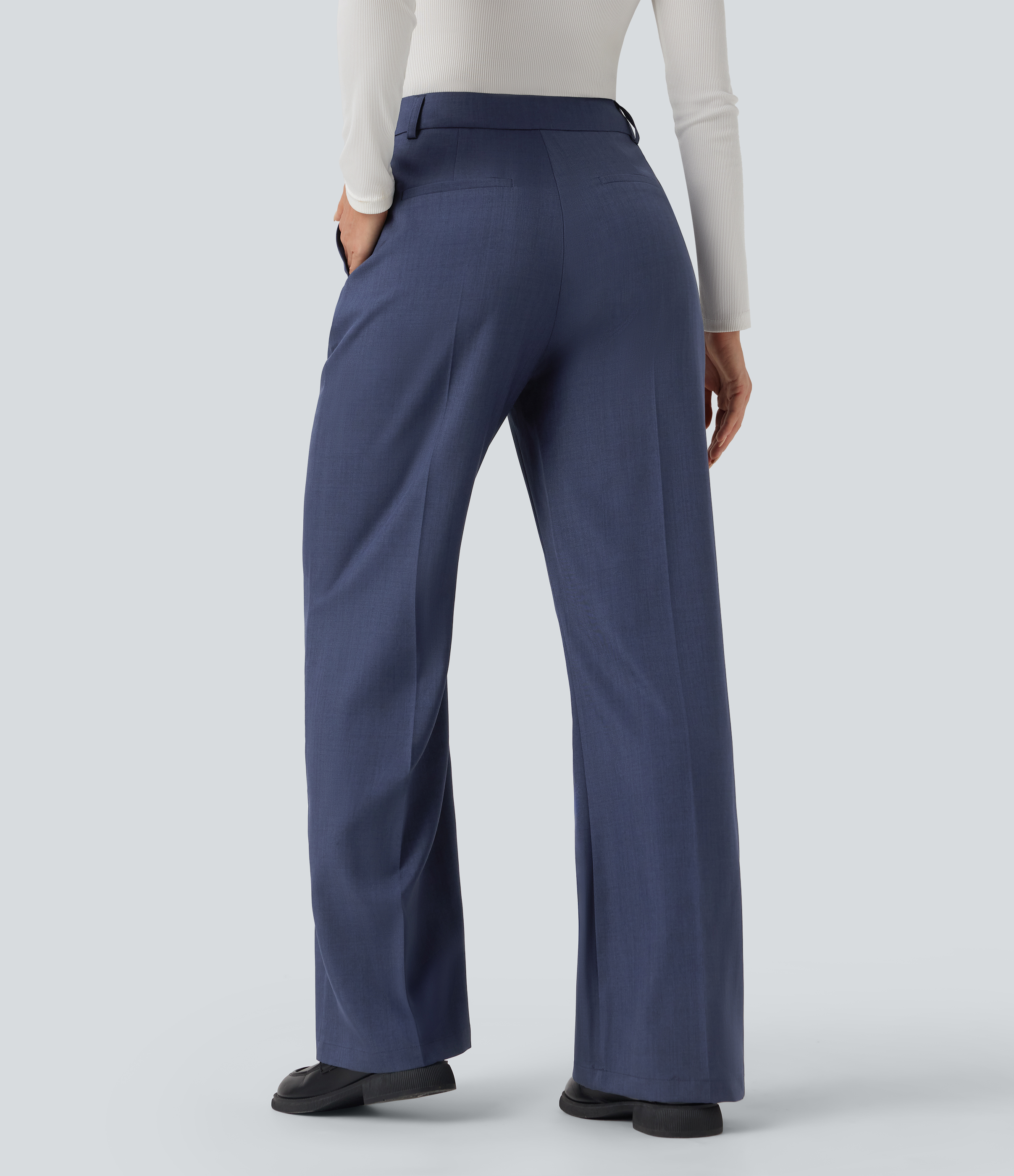 Crown Blue Pantalones de trabajo de cintura alta tipo bootcut con bolsillos. / 2